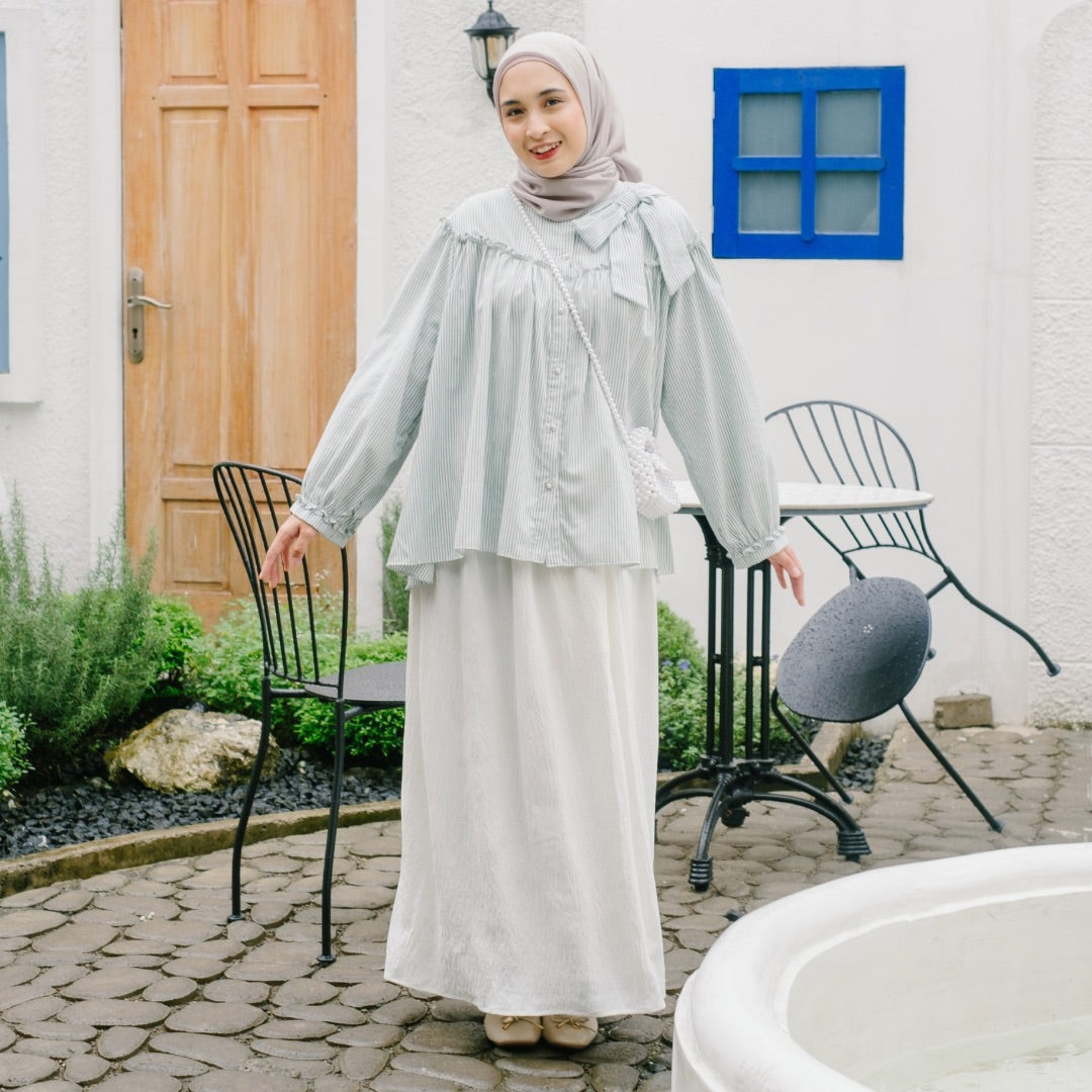 Image of Eclemix Top Tartha | Atasan Wanita Kemeja Motif Stripes Pita Bowtie