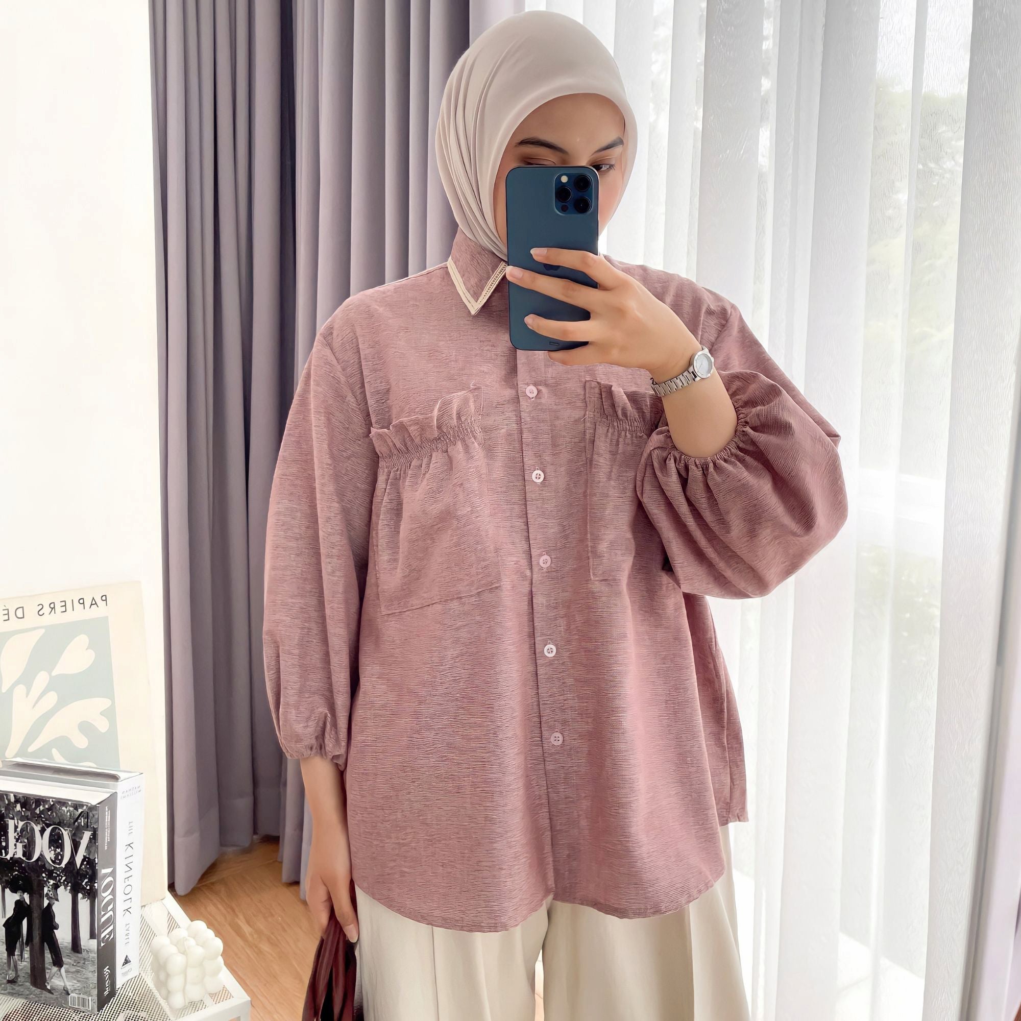 Image of Eclemix Top Yumana | Atasan Wanita Kemeja Daily Basic Saku Loose