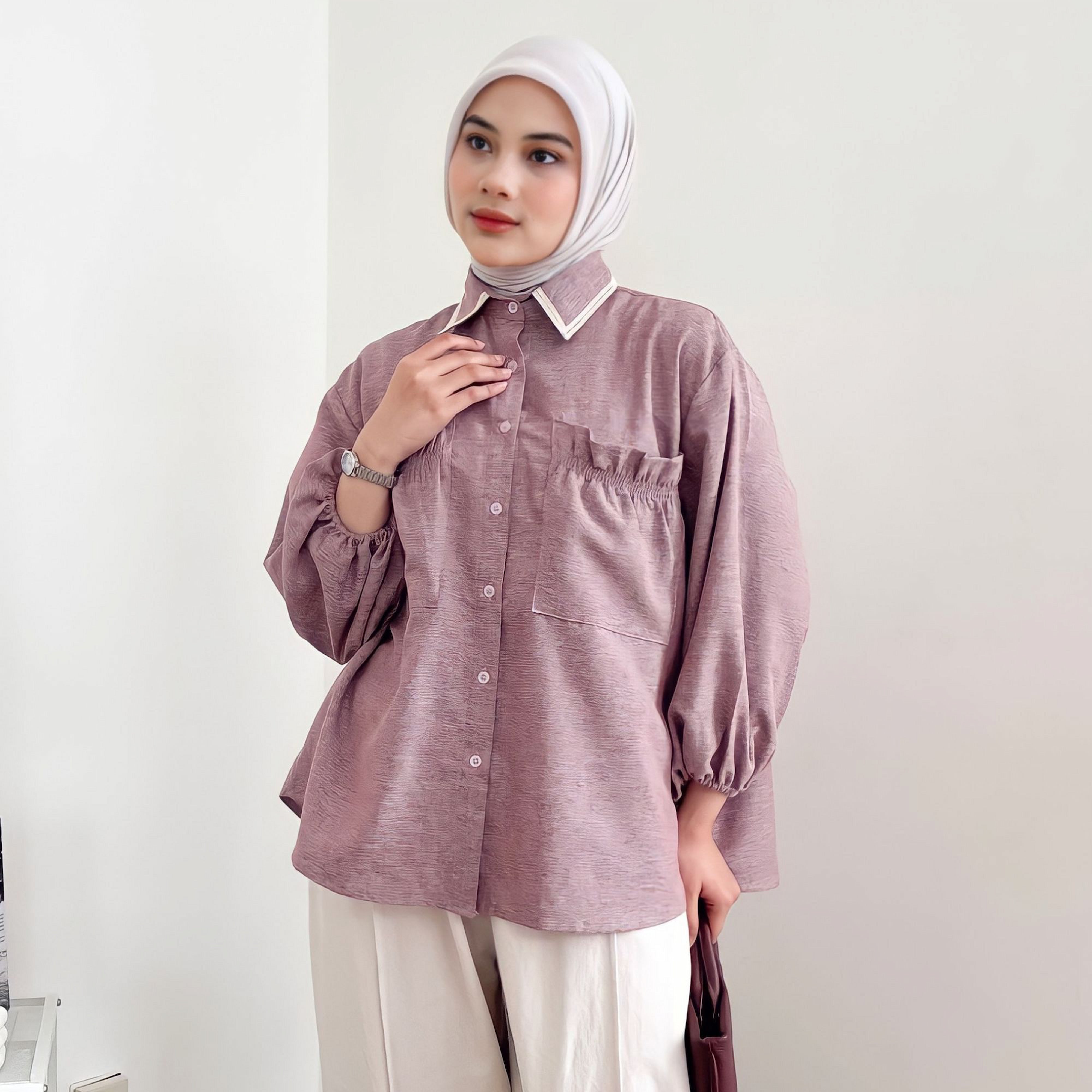 Image of Eclemix Top Yumana | Atasan Wanita Kemeja Daily Basic Saku Loose