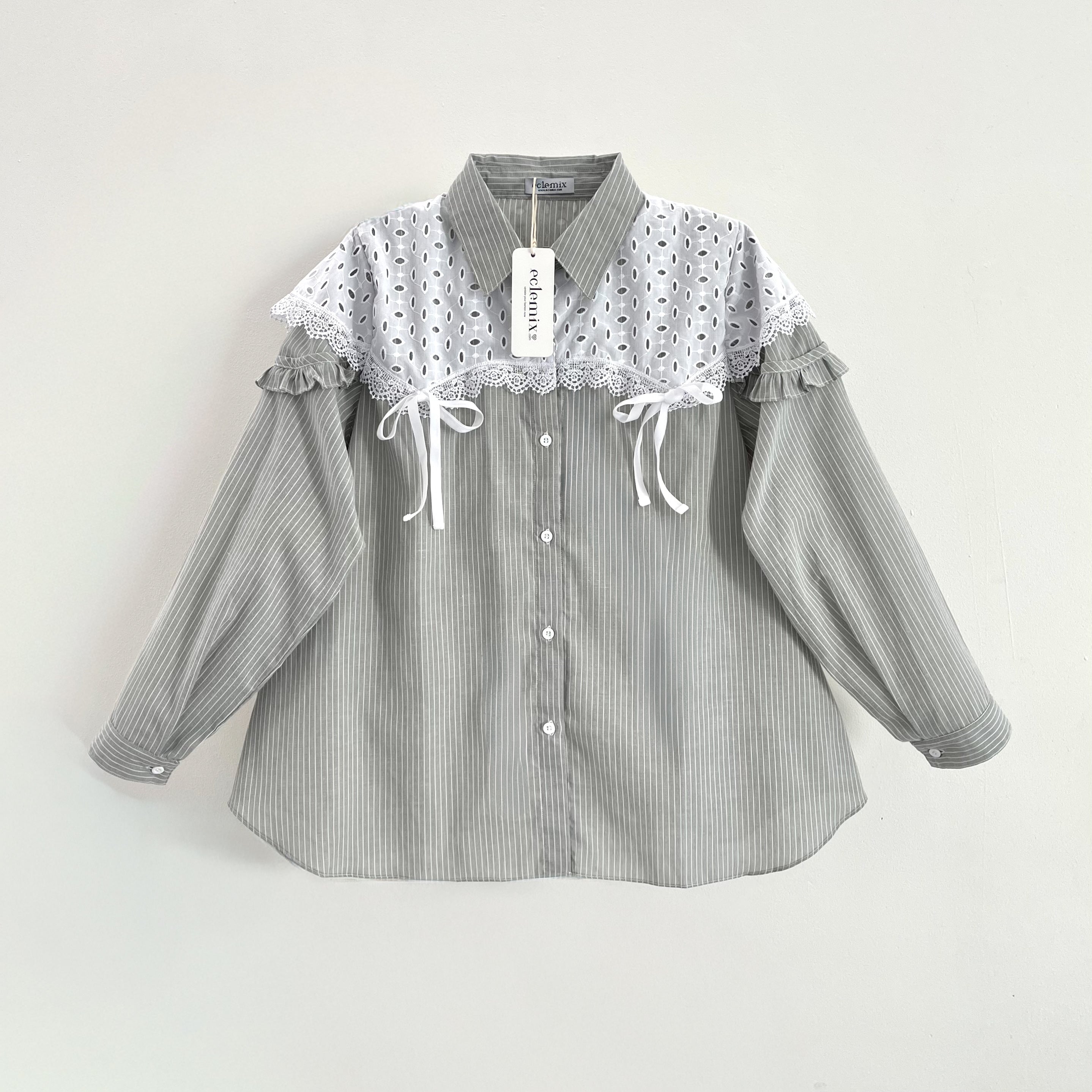 Image of Eclemix Top Ailiya atasan wanita kemeja stripe mix prada daily detail kerah