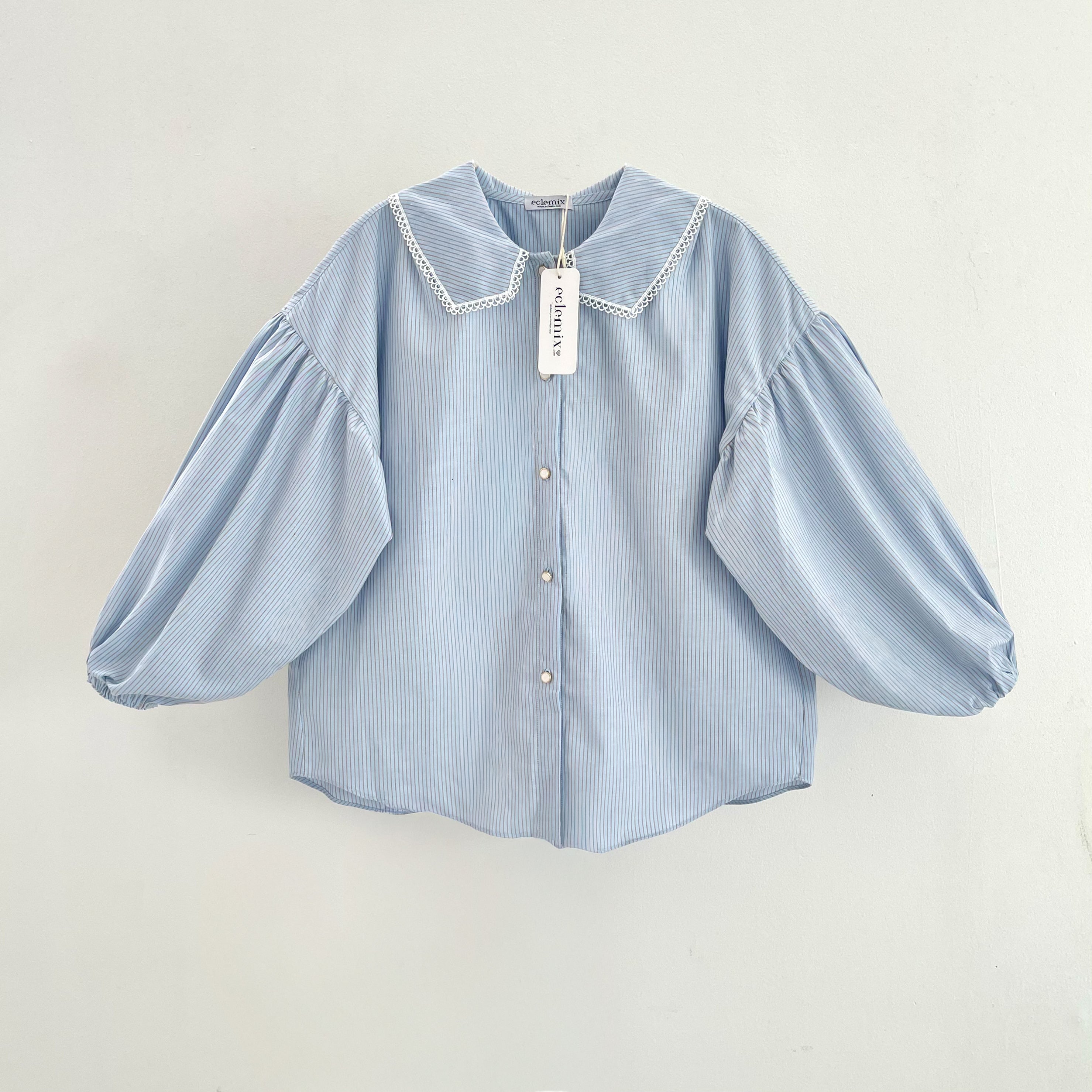 Image of Eclemix Kemeja Wanita Stripe Kerah Renda Puff Sleeve Top Aluvia