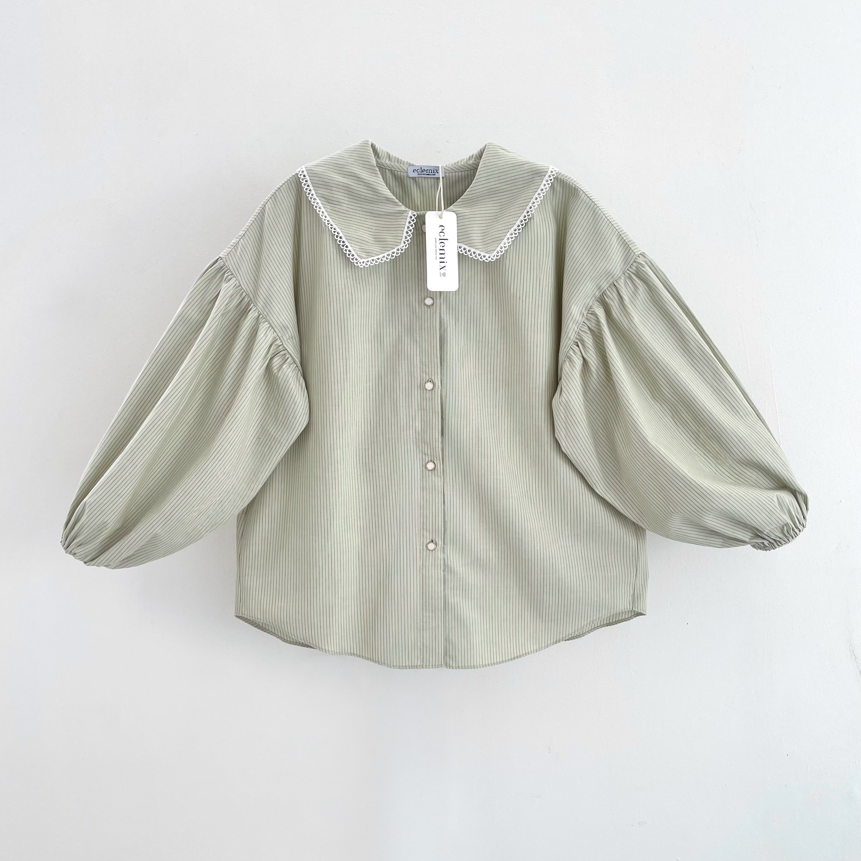 Image of Eclemix Kemeja Wanita Stripe Kerah Renda Puff Sleeve Top Aluvia