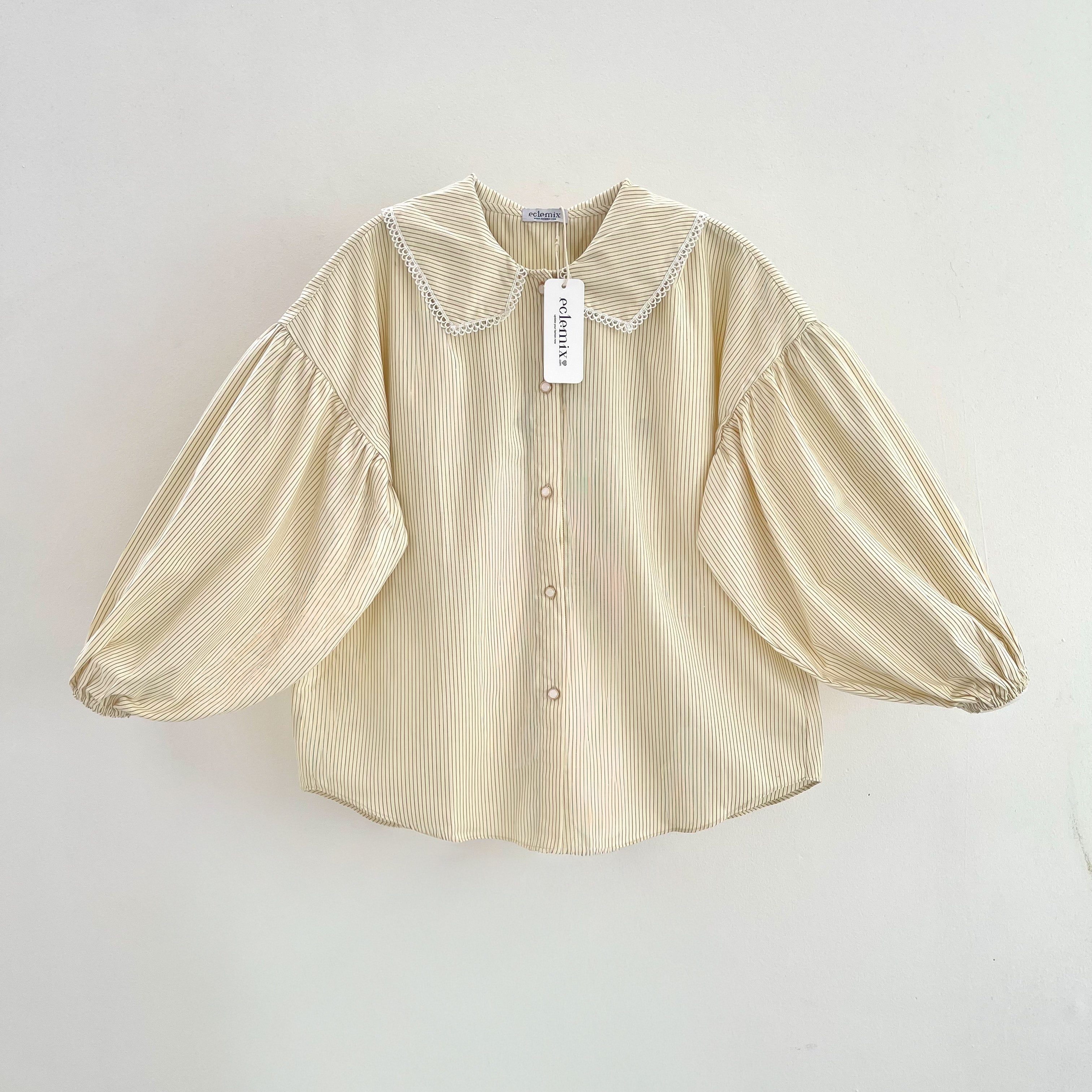Image of Eclemix Kemeja Wanita Stripe Kerah Renda Puff Sleeve Top Aluvia