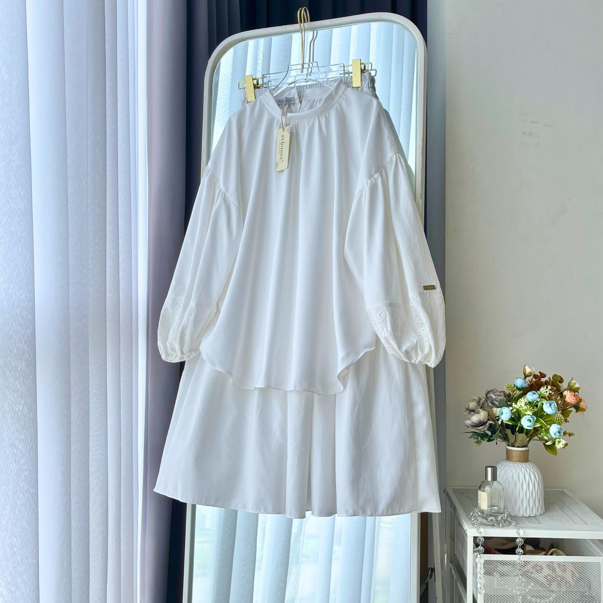 Eclemix One Set Arinda | Setelan Wanita Polos | Rok Rampel Susun A-Line | Blouse Polos Mix Prada