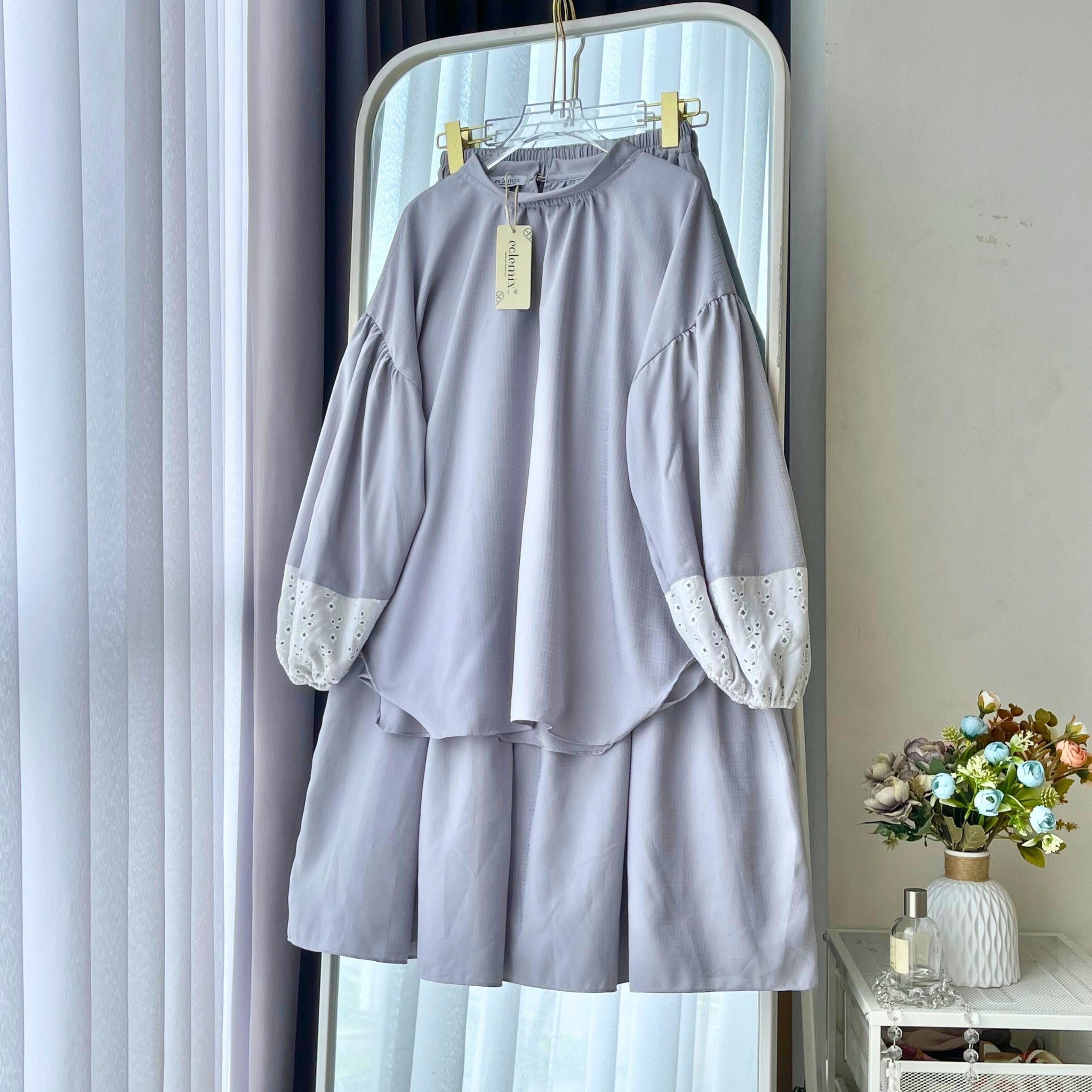 Eclemix One Set Arinda | Setelan Wanita Polos | Rok Rampel Susun A-Line | Blouse Polos Mix Prada