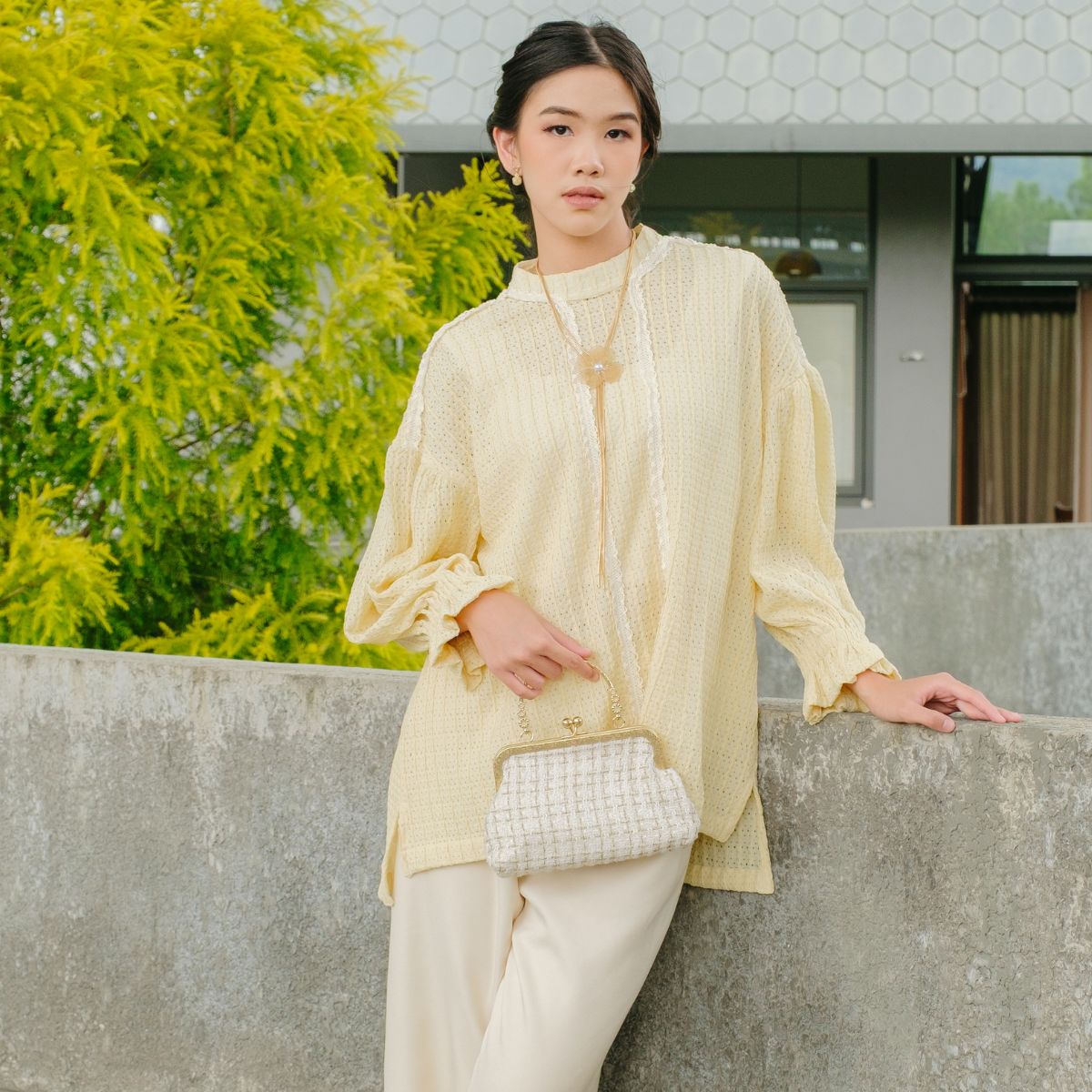 Image of Eclemix Atasan Wanita Aksen Renda | Top Auree | Blouse Oversized Drop Shoulder