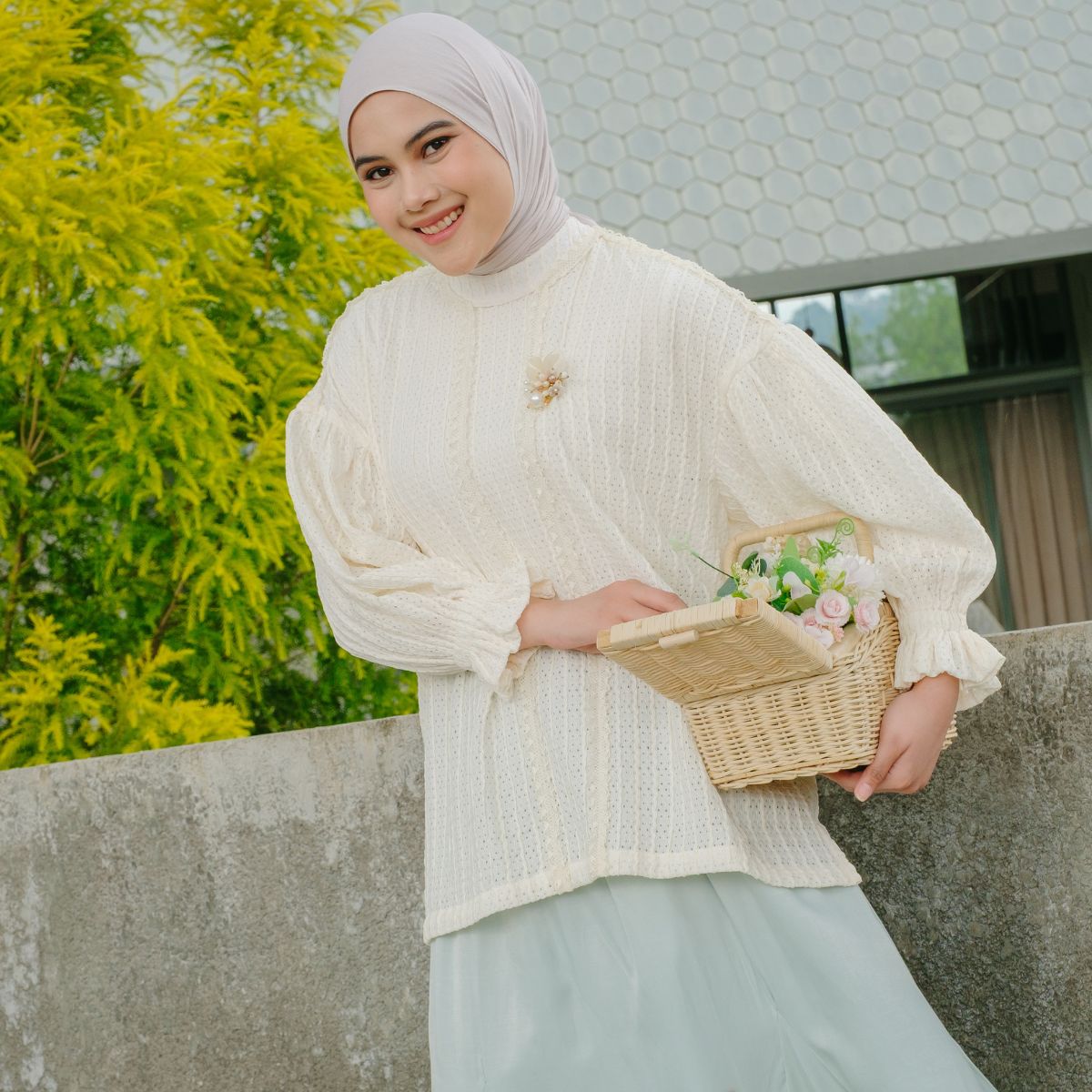 Image of Eclemix Atasan Wanita Aksen Renda | Top Auree | Blouse Oversized Drop Shoulder