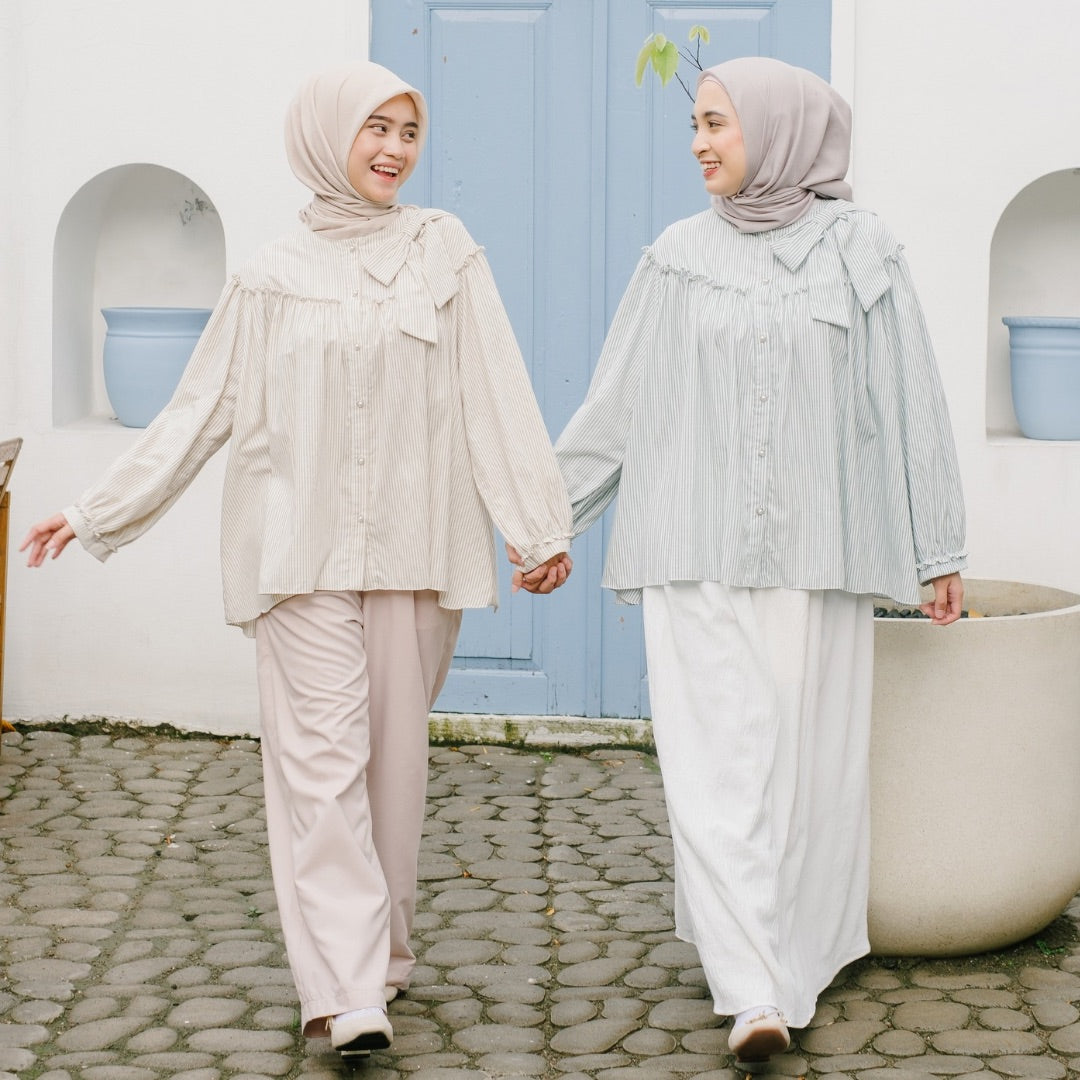 Eclemix Top Tartha | Atasan Wanita Kemeja Motif Stripes Pita Bowtie