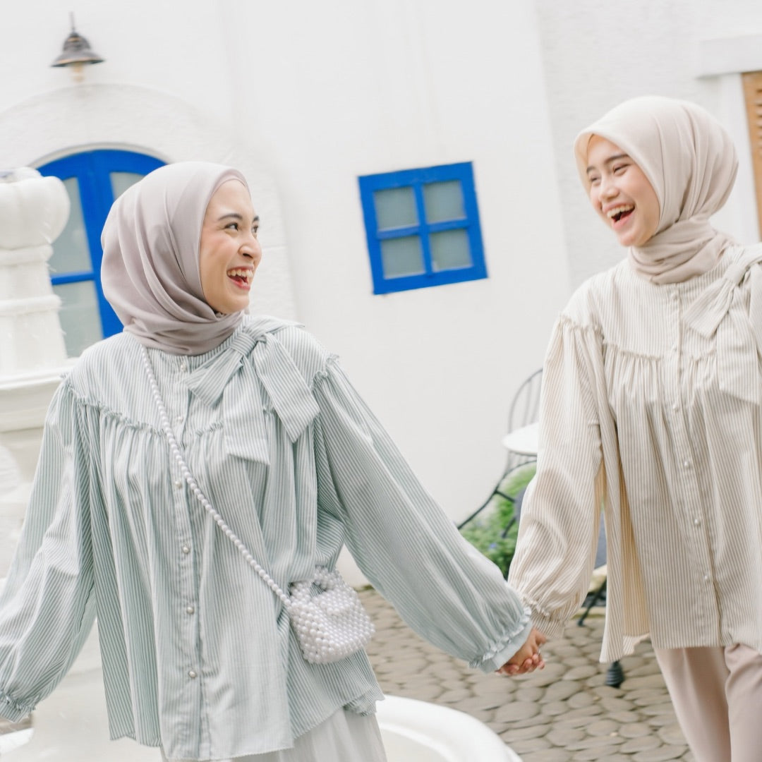 Eclemix Top Tartha | Atasan Wanita Kemeja Motif Stripes Pita Bowtie