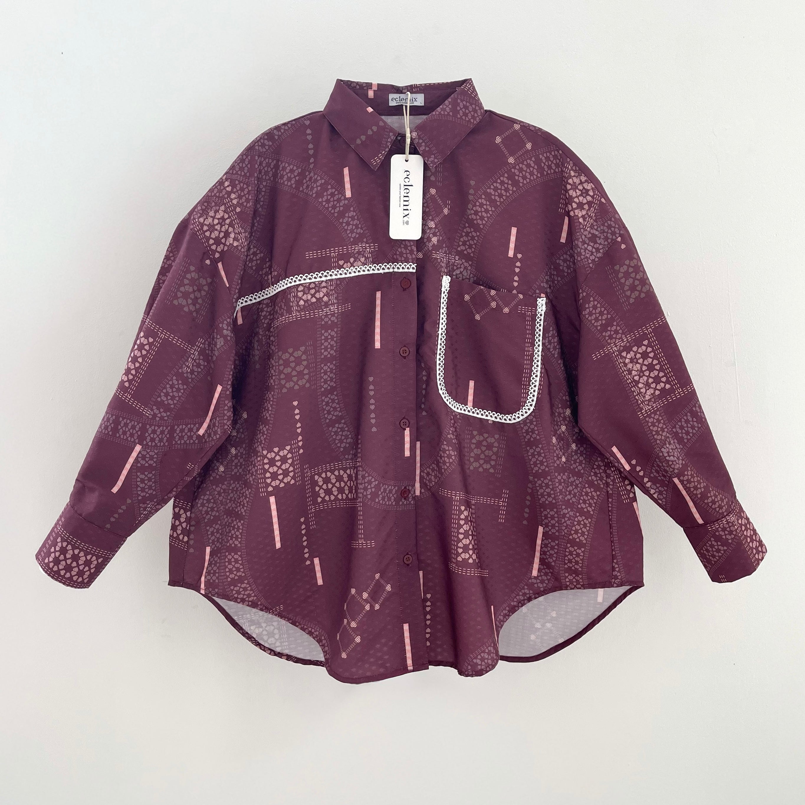 Eclemix Top Heeju | Atasan Wanita Kemeja Printing Kancing Depan Lengan Panjang | Kemeja Kerja Printing