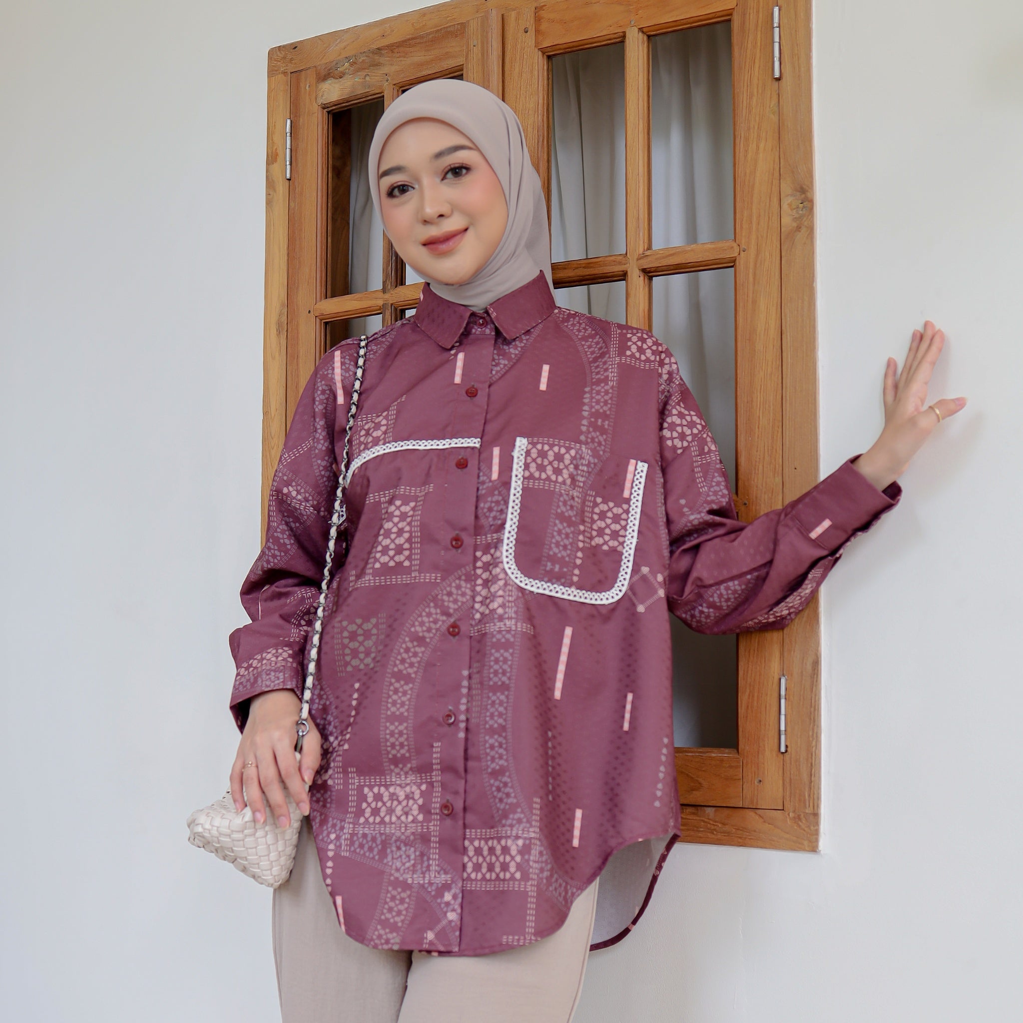 Eclemix Top Heeju | Atasan Wanita Kemeja Printing Kancing Depan Lengan Panjang | Kemeja Kerja Printing