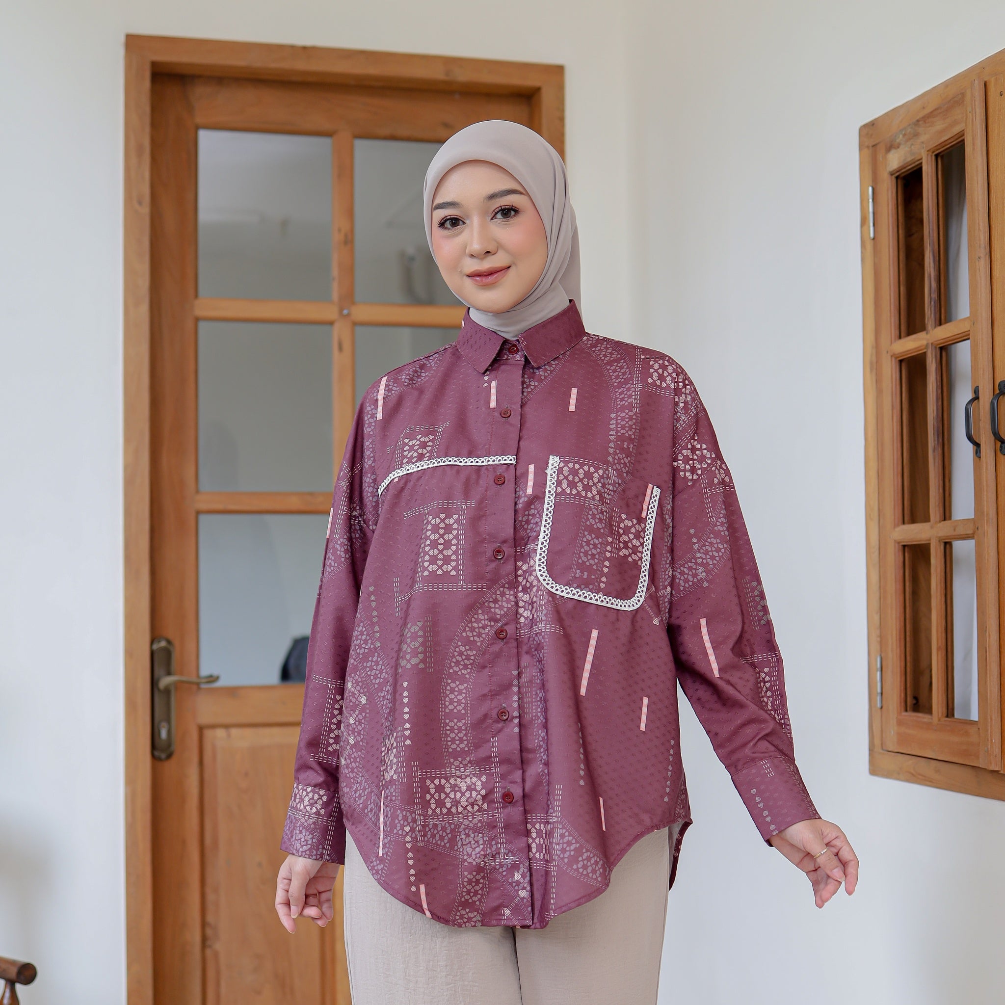 Eclemix Top Heeju | Atasan Wanita Kemeja Printing Kancing Depan Lengan Panjang | Kemeja Kerja Printing