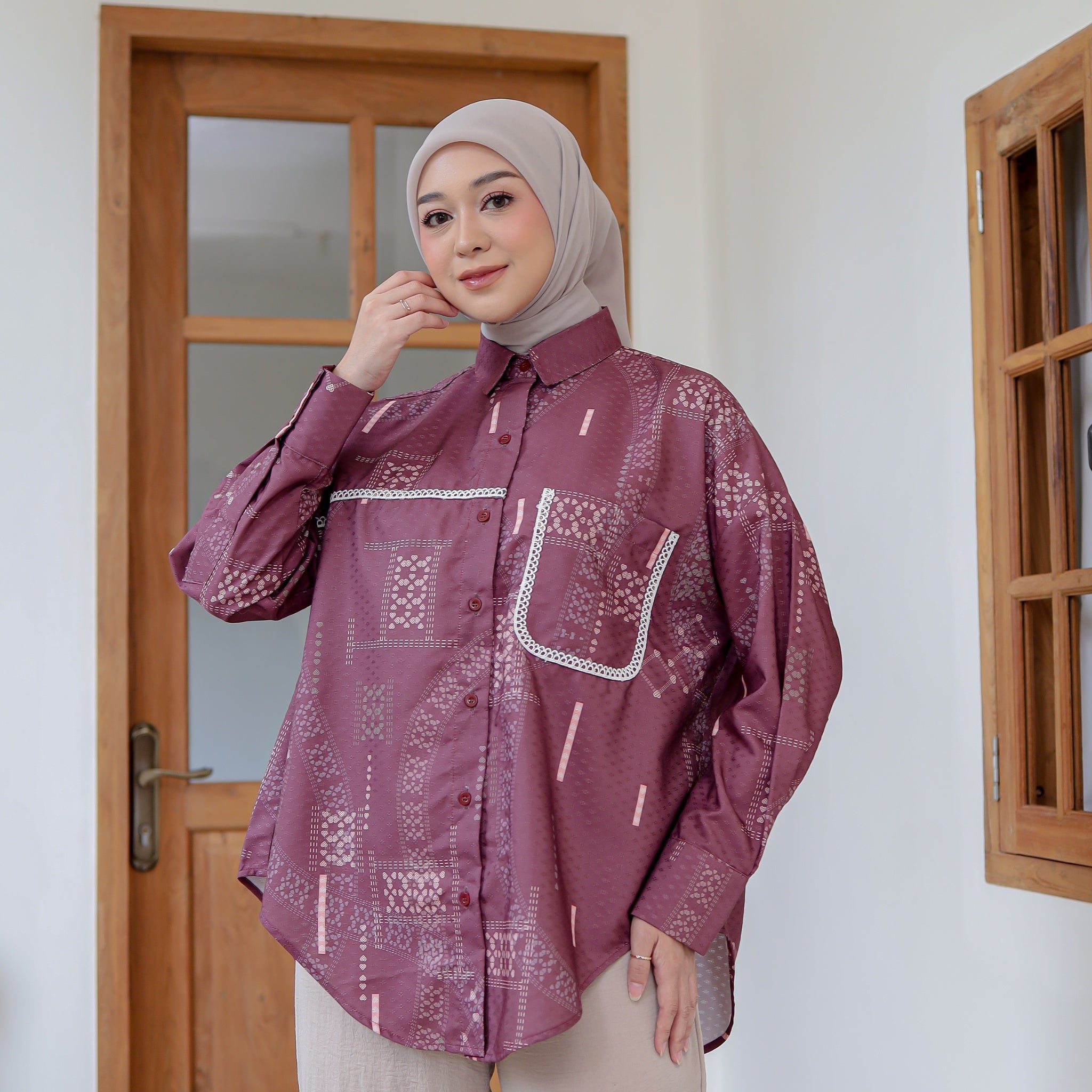 Eclemix Top Heeju | Atasan Wanita Kemeja Printing Kancing Depan Lengan Panjang | Kemeja Kerja Printing