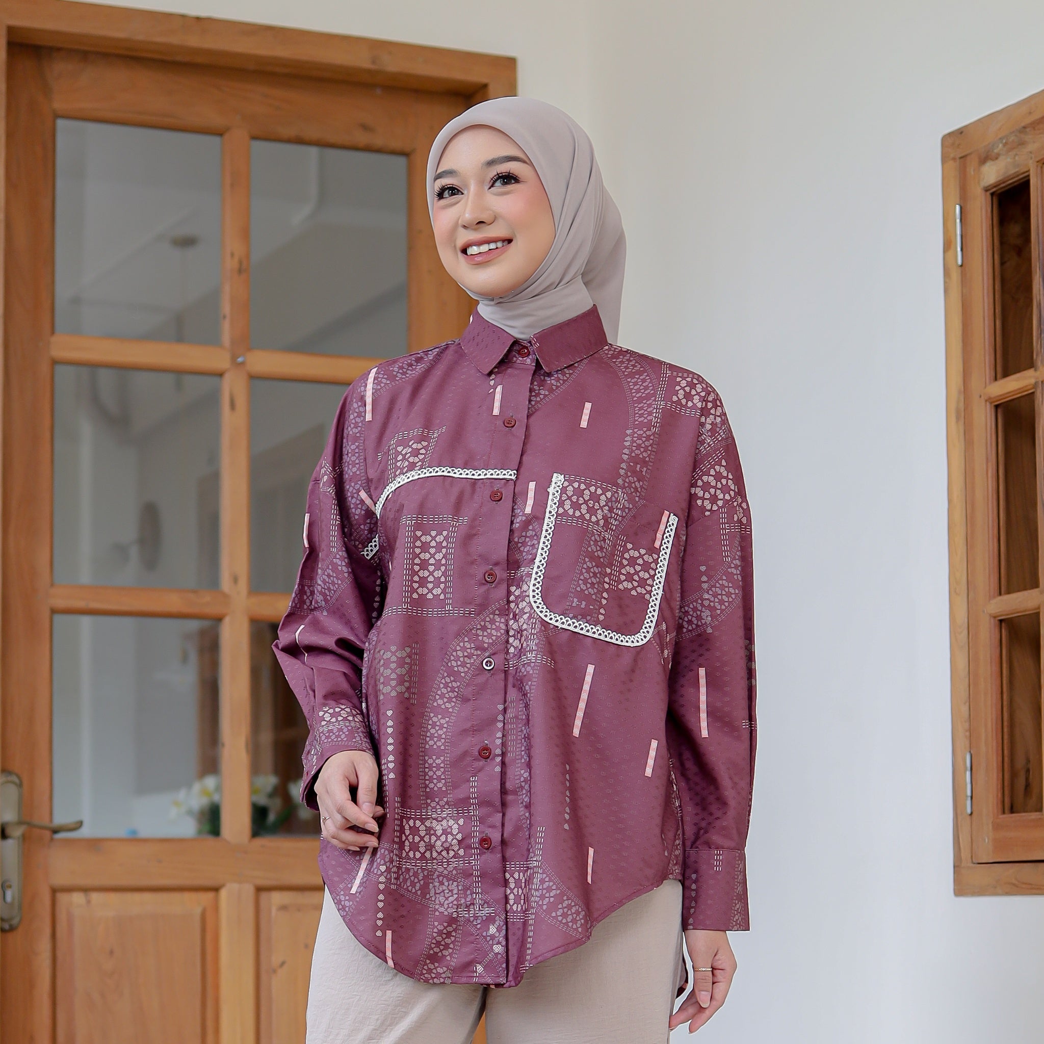 Eclemix Top Heeju | Atasan Wanita Kemeja Printing Kancing Depan Lengan Panjang | Kemeja Kerja Printing