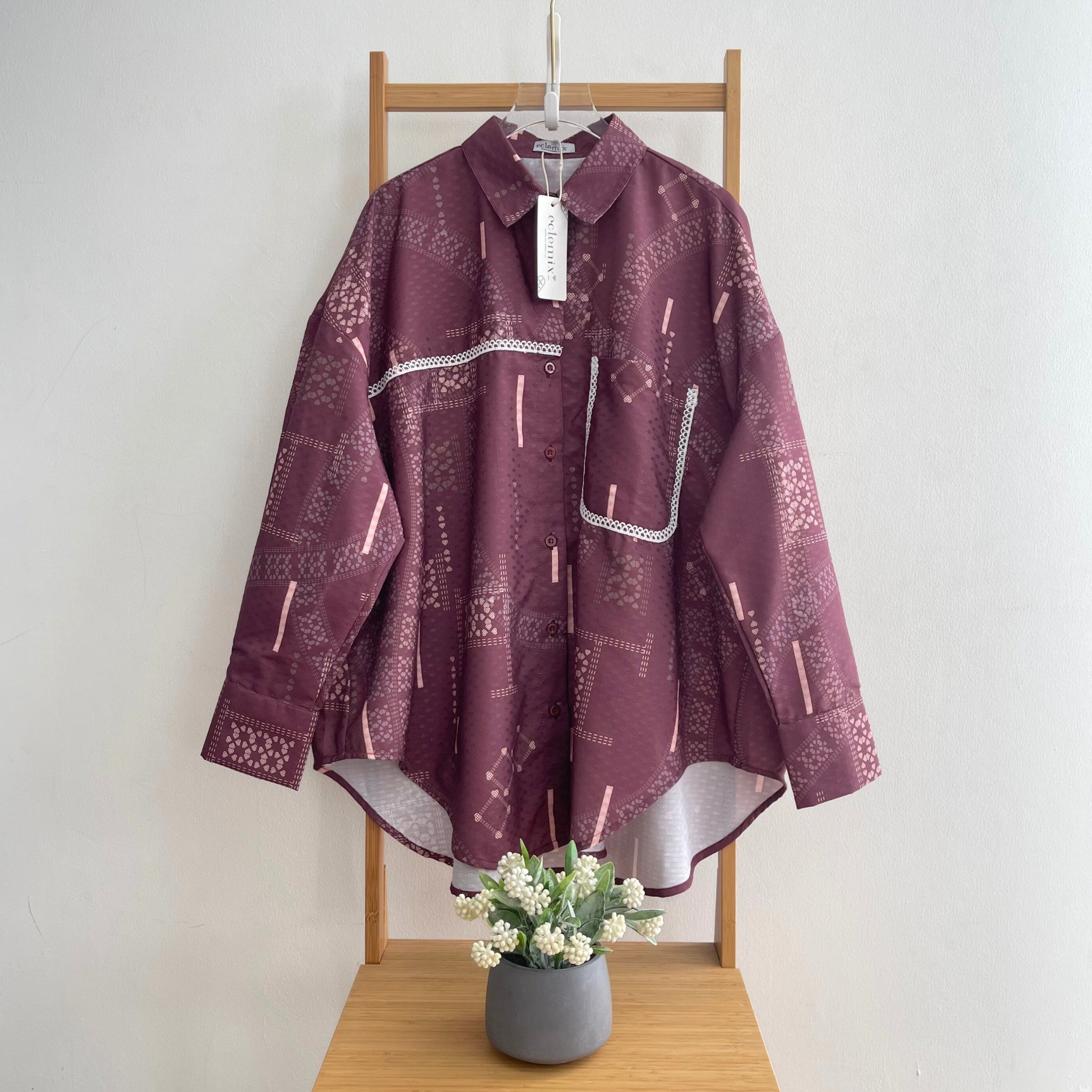 Eclemix Top Heeju | Atasan Wanita Kemeja Printing Kancing Depan Lengan Panjang | Kemeja Kerja Printing