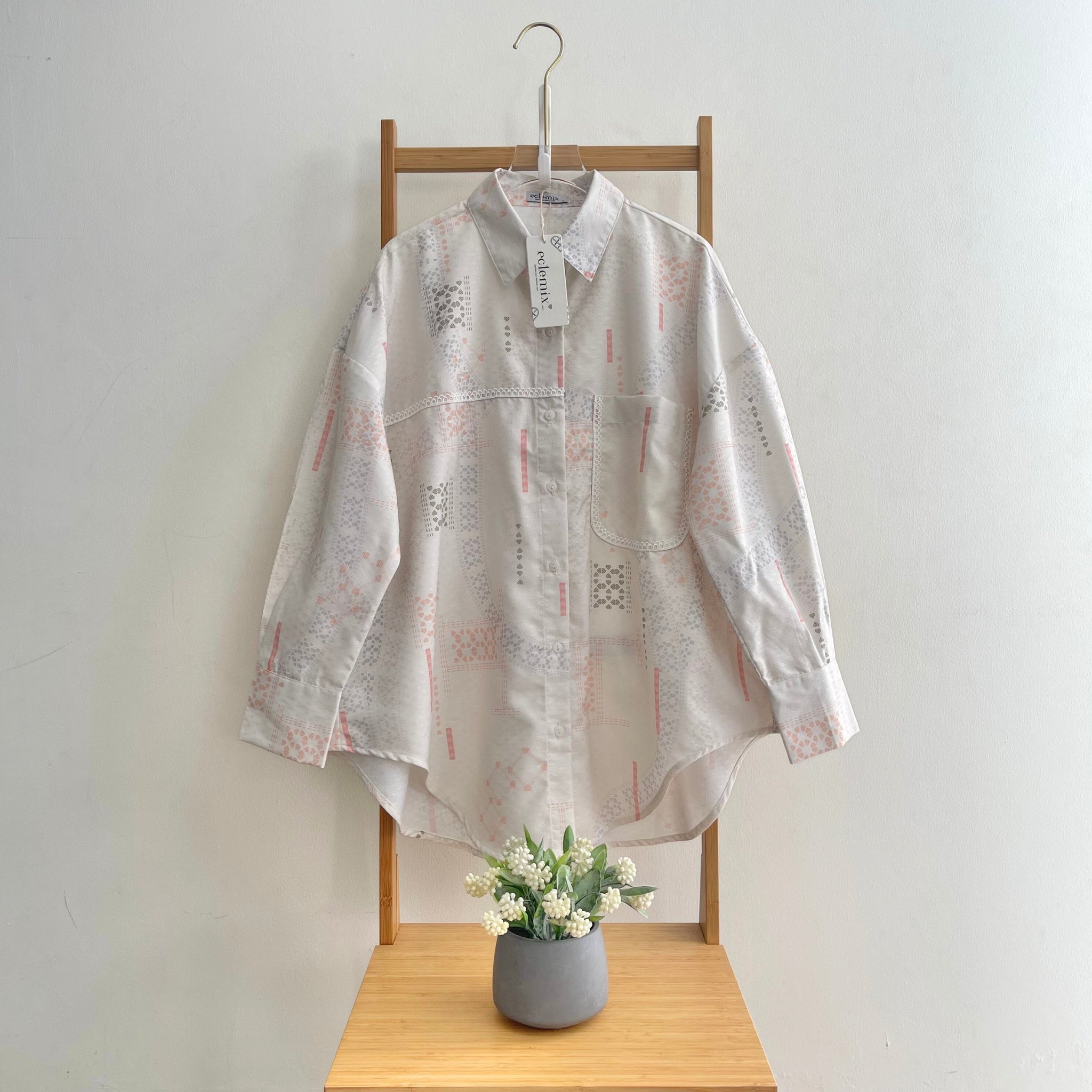 Eclemix Top Heeju | Atasan Wanita Kemeja Printing Kancing Depan Lengan Panjang | Kemeja Kerja Printing