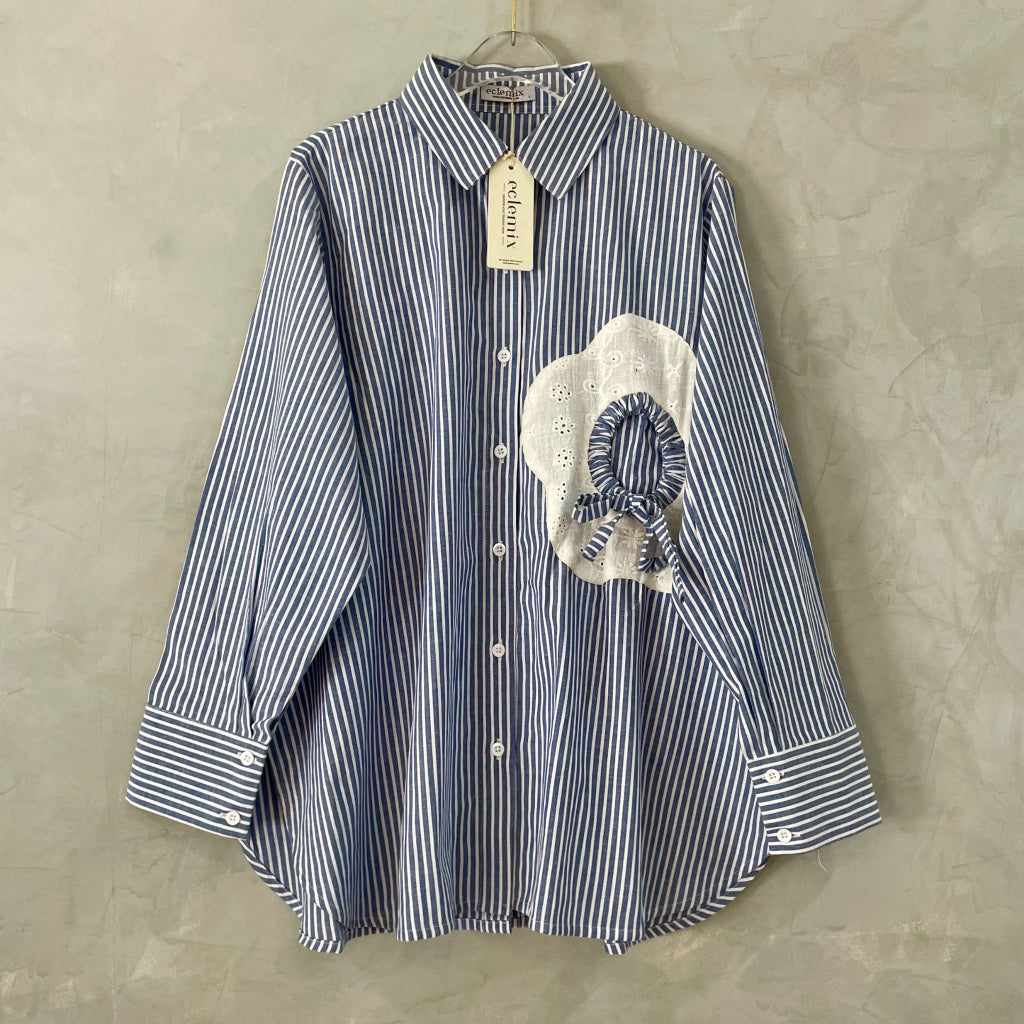 Eclemix Top Orio | Atasan Kemeja kerja stripes patch katun bordir bunga | Smart Casual