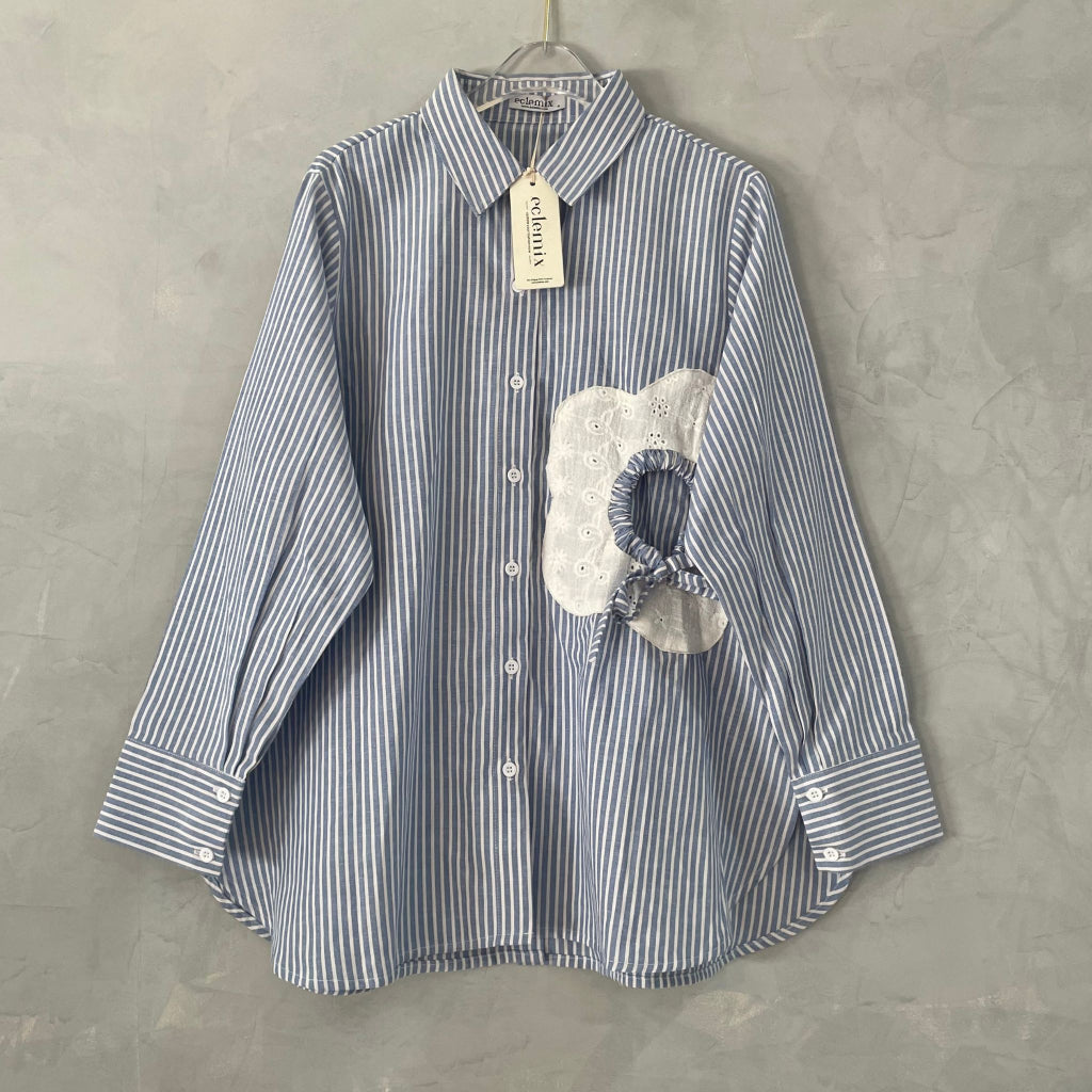 Eclemix Top Orio | Atasan Kemeja kerja stripes patch katun bordir bunga | Smart Casual