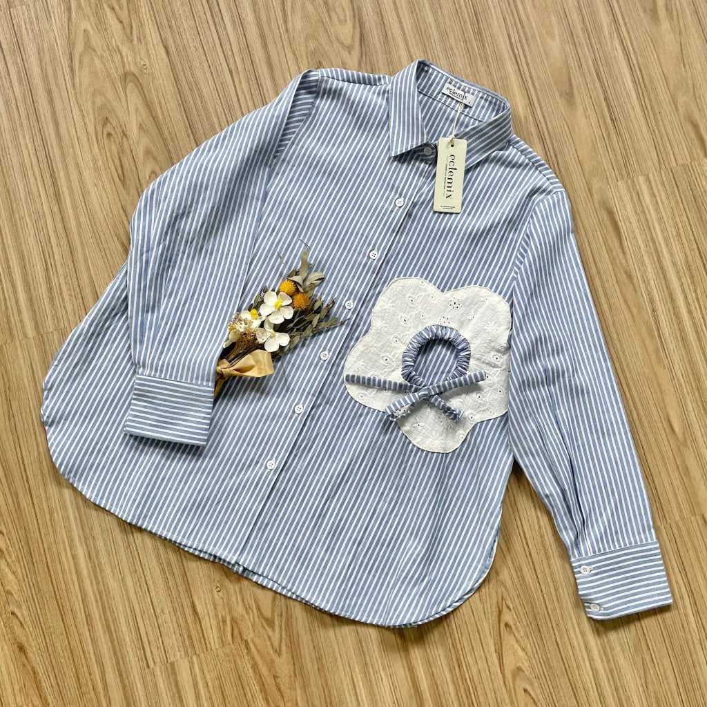 Eclemix Top Orio | Atasan Kemeja kerja stripes patch katun bordir bunga | Smart Casual