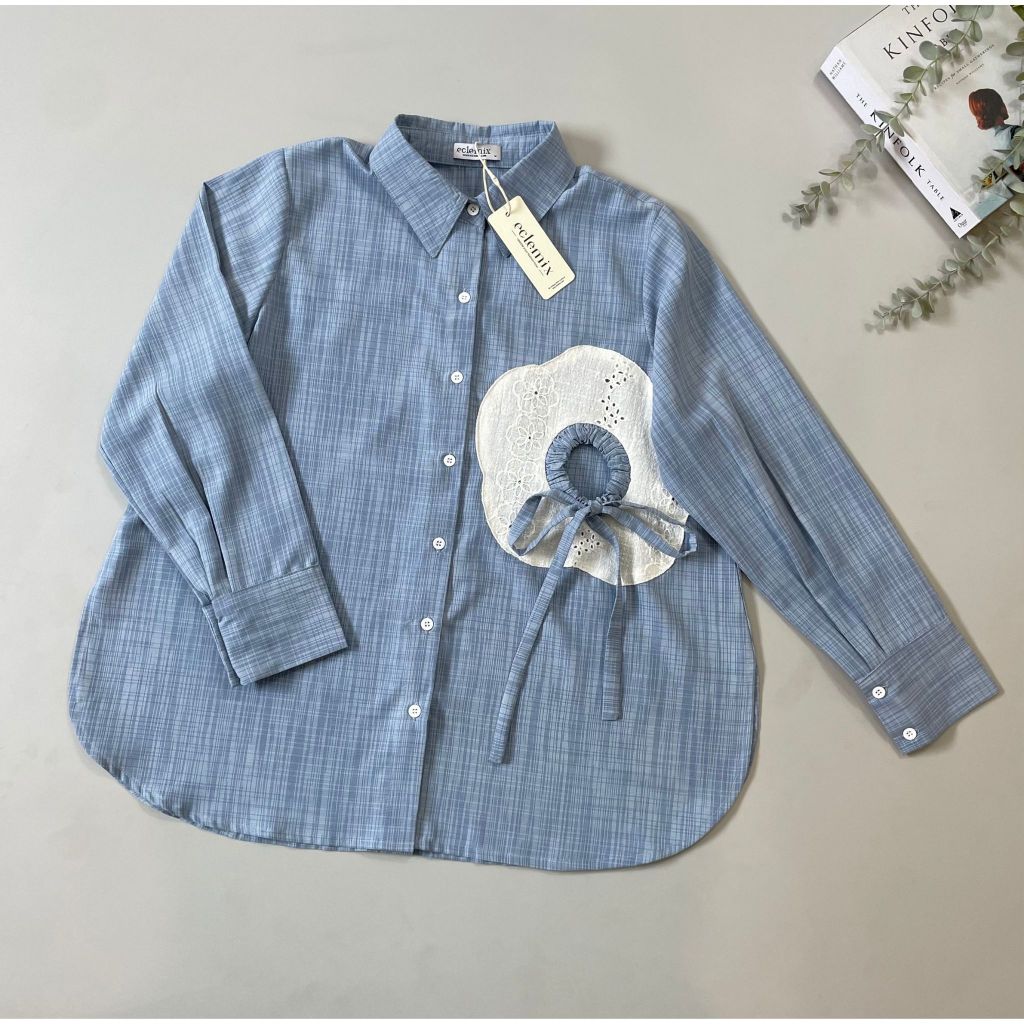 Eclemix Top Orio | Atasan Kemeja kerja stripes patch katun bordir bunga | Smart Casual