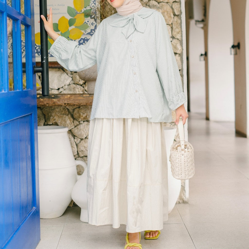 Image of Eclemix Top Kirumi | Atasan Wanita Kemeja Motif Stripes Kerah Pita