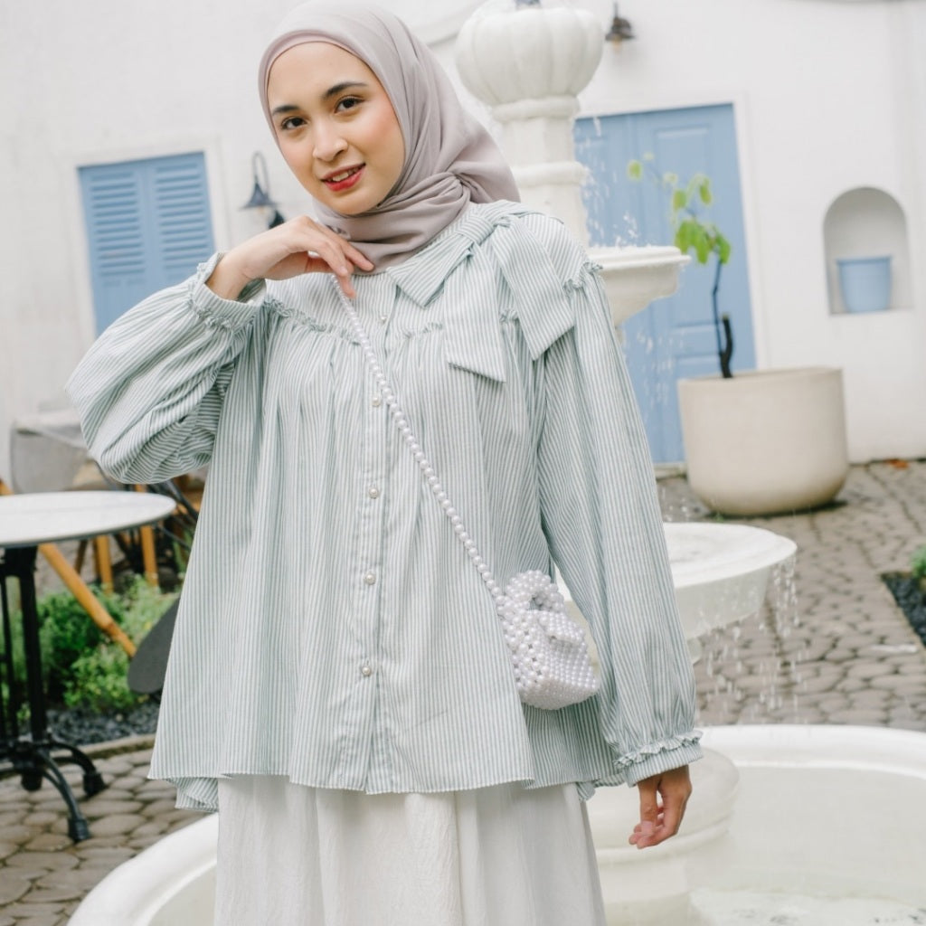 Eclemix Top Tartha | Atasan Wanita Kemeja Motif Stripes Pita Bowtie