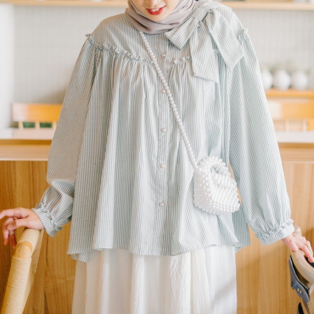 Image of Eclemix Top Tartha | Atasan Wanita Kemeja Motif Stripes Pita Bowtie