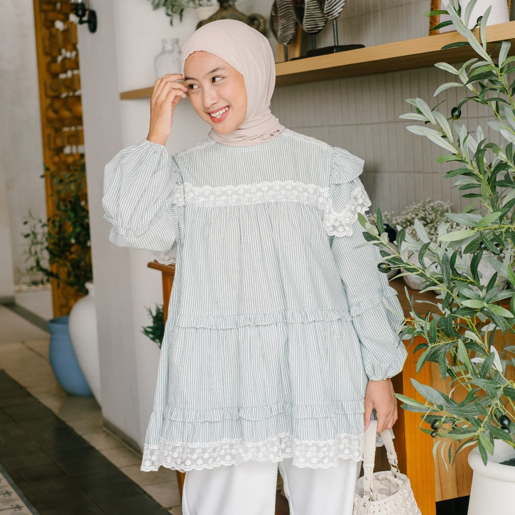 Image of Eclemix Top Nayona | Atasan Wanita Blouse Motif Stripes Renda Daily