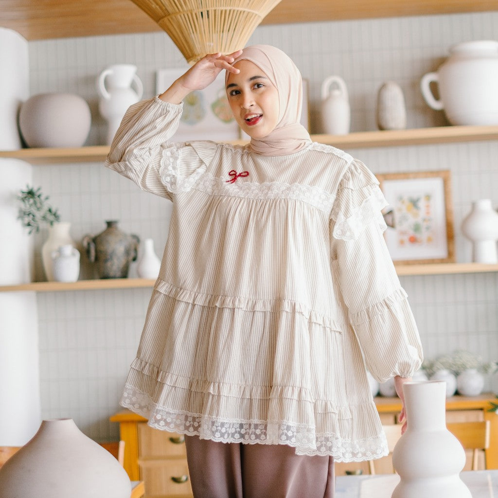 Image of Eclemix Top Nayona | Atasan Wanita Blouse Motif Stripes Renda Daily