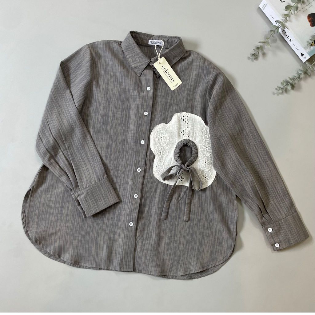 Eclemix Top Orio | Atasan Kemeja kerja stripes patch katun bordir bunga | Smart Casual