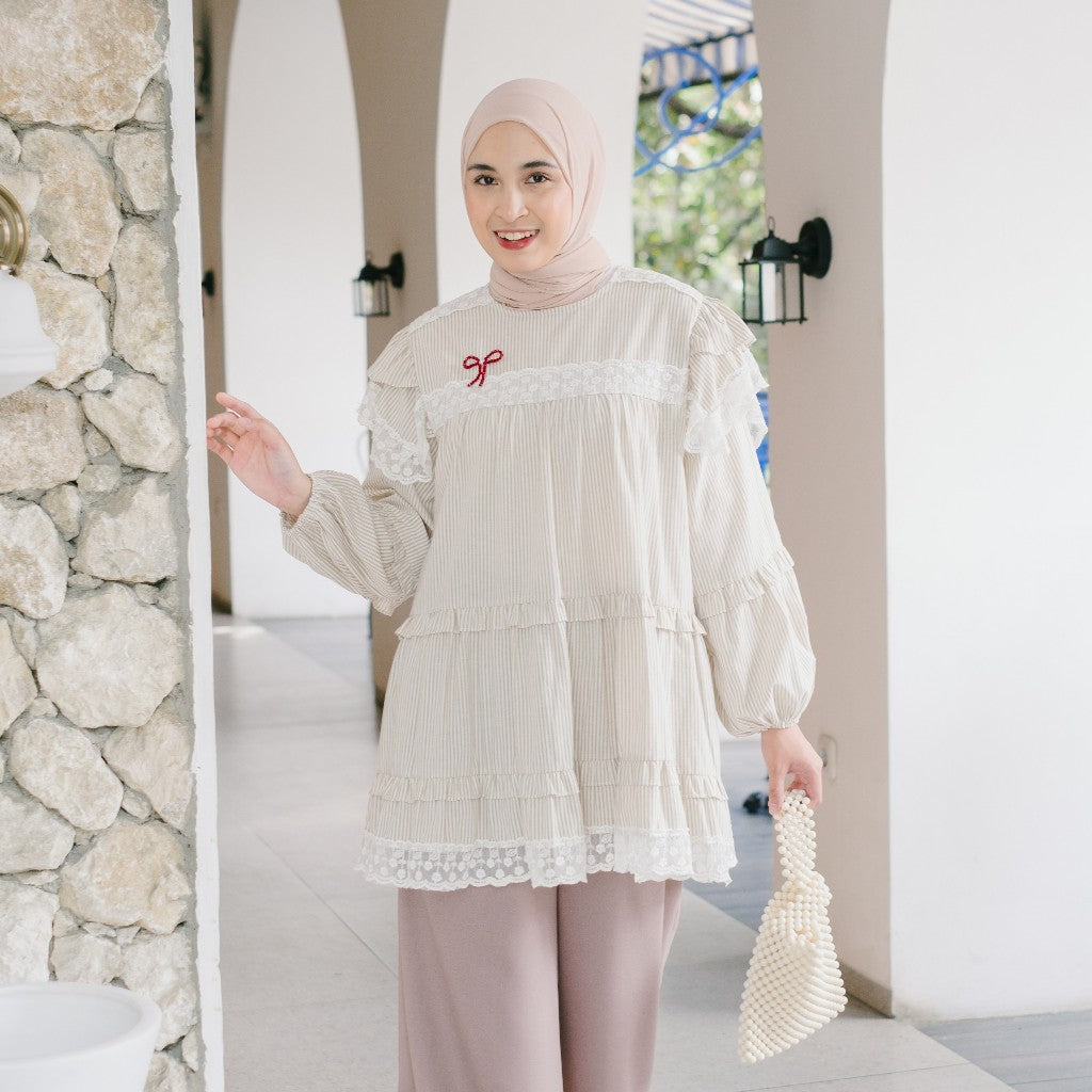 Image of Eclemix Top Nayona | Atasan Wanita Blouse Motif Stripes Renda Daily