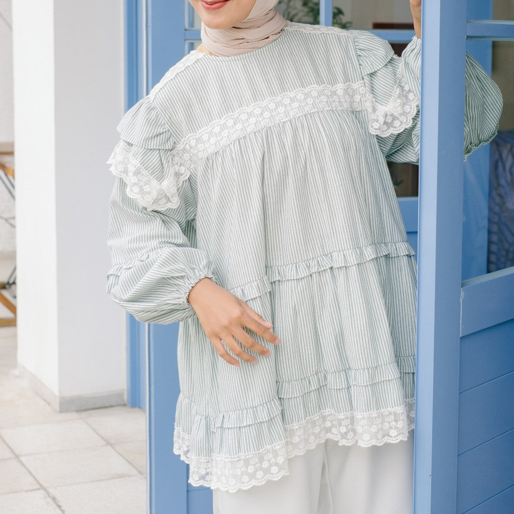 Eclemix Top Nayona | Atasan Wanita Blouse Motif Stripes Renda Daily
