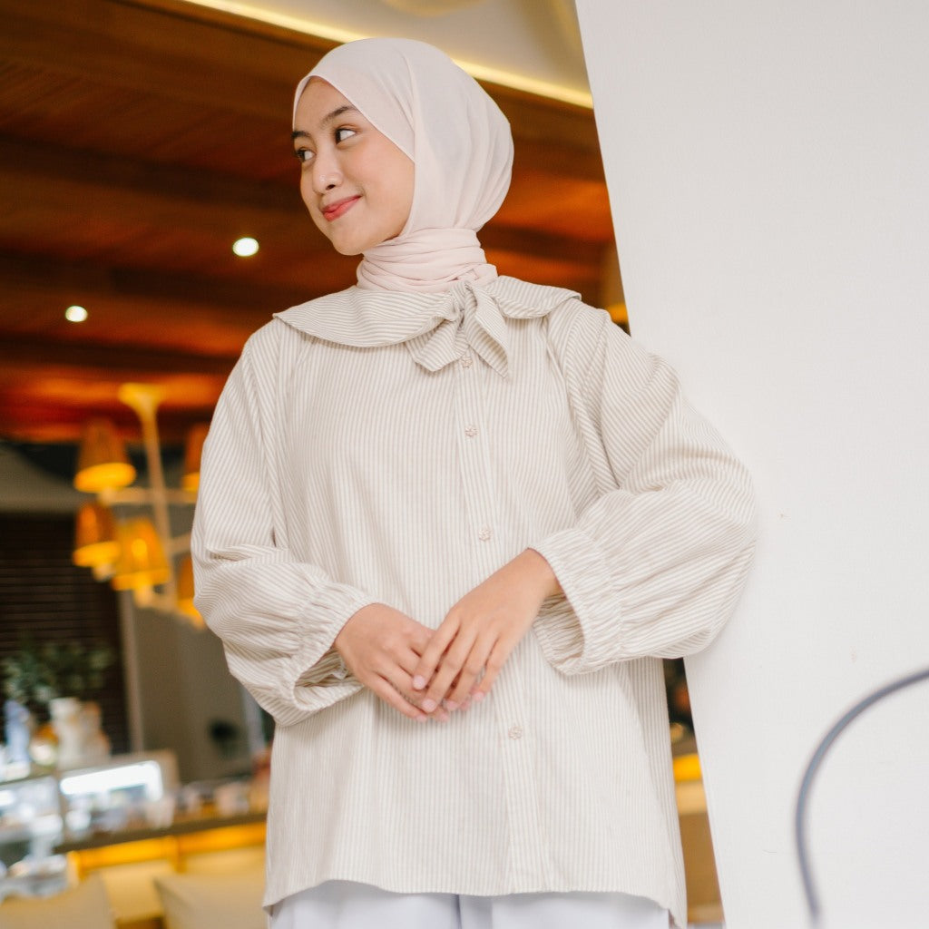 Eclemix Top Kirumi | Atasan Wanita Kemeja Motif Stripes Kerah Pita