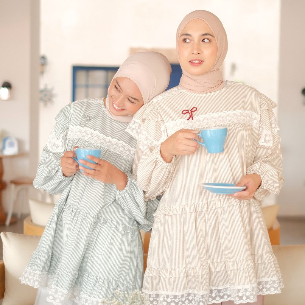 Image of Eclemix Top Nayona | Atasan Wanita Blouse Motif Stripes Renda Daily