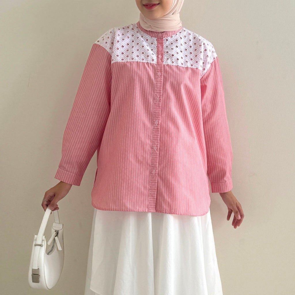 Eclemix Top Suji | Atasan Wanita Kemeja Kancing Daily Shirt Motif Stripes