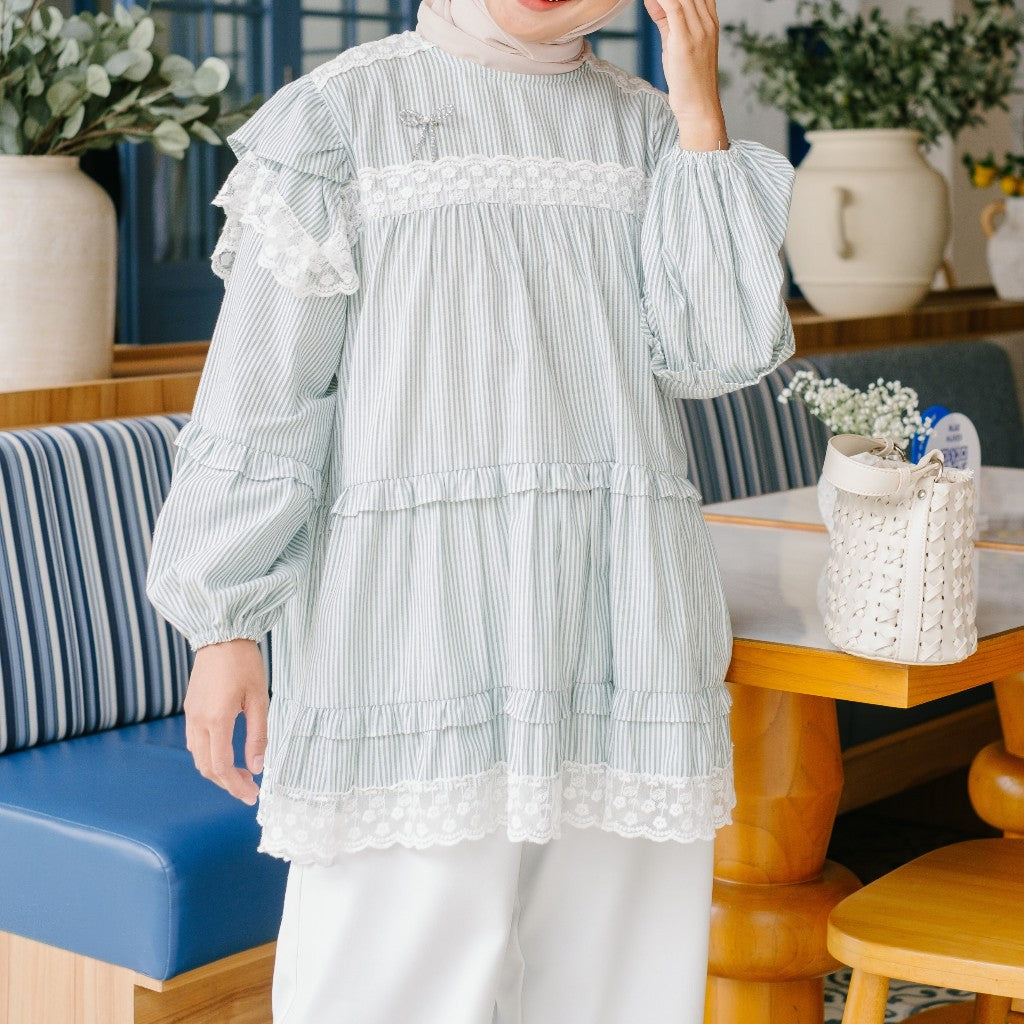 Image of Eclemix Top Nayona | Atasan Wanita Blouse Motif Stripes Renda Daily