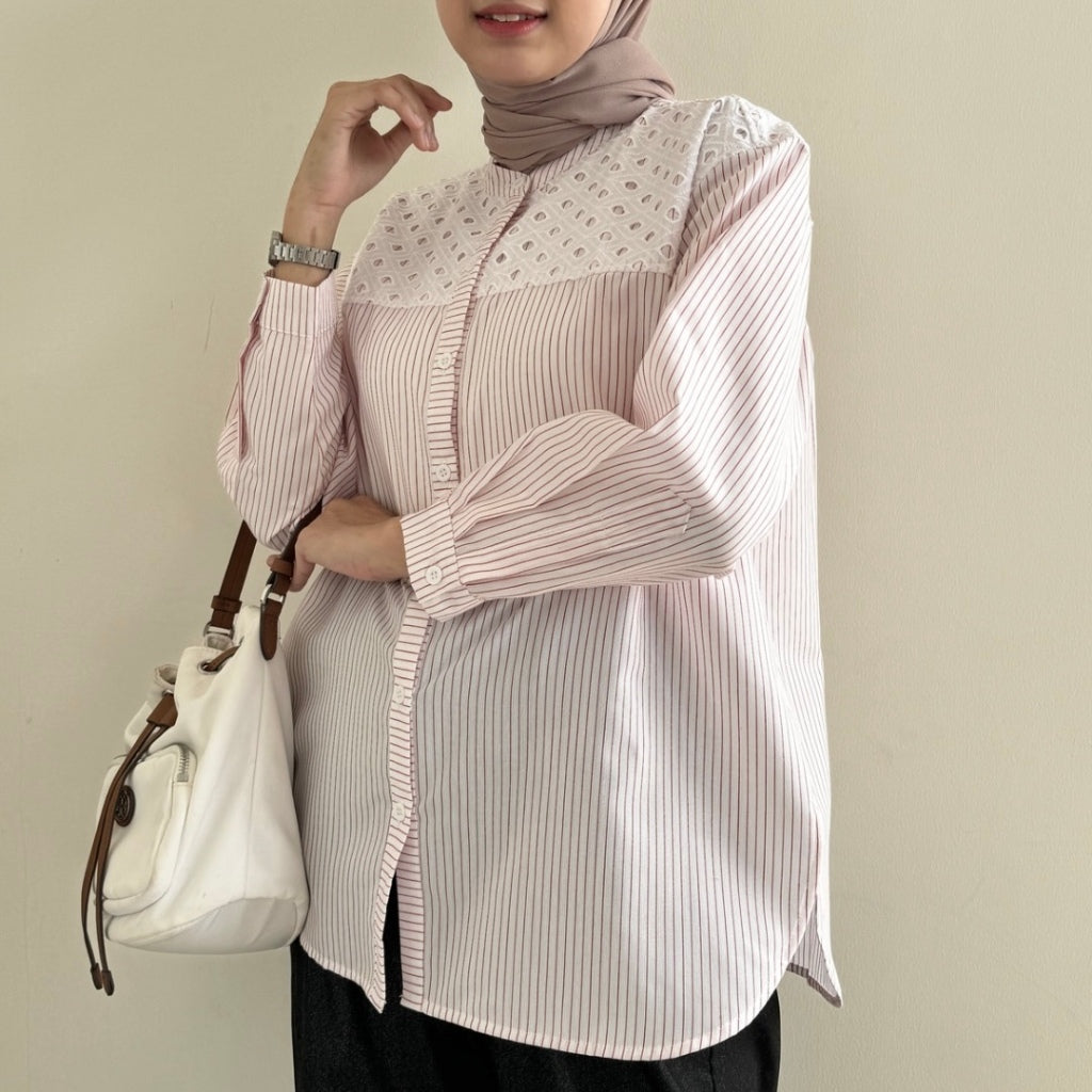 Eclemix Top Suji | Atasan Wanita Kemeja Kancing Daily Shirt Motif Stripes