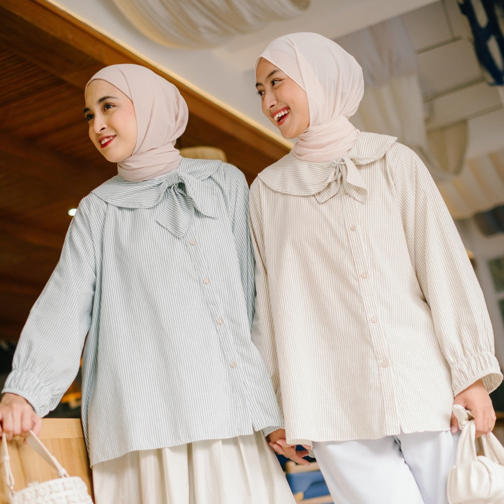 Eclemix Top Kirumi | Atasan Wanita Kemeja Motif Stripes Kerah Pita