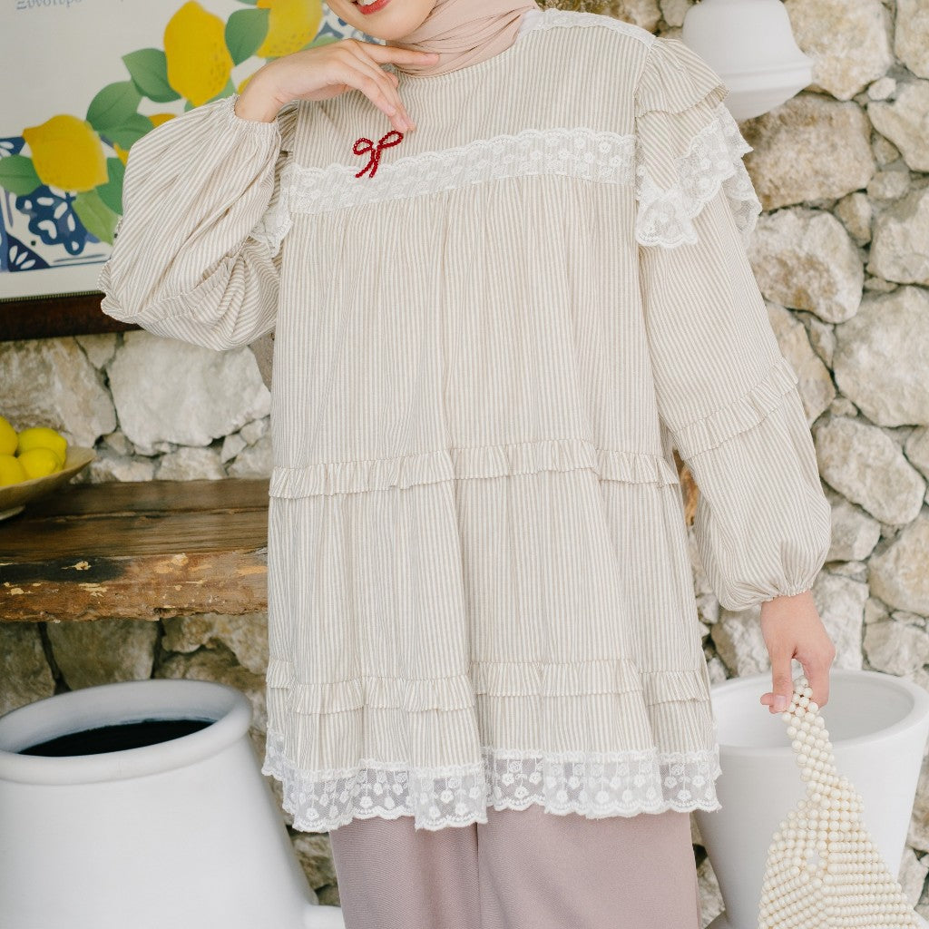Image of Eclemix Top Nayona | Atasan Wanita Blouse Motif Stripes Renda Daily