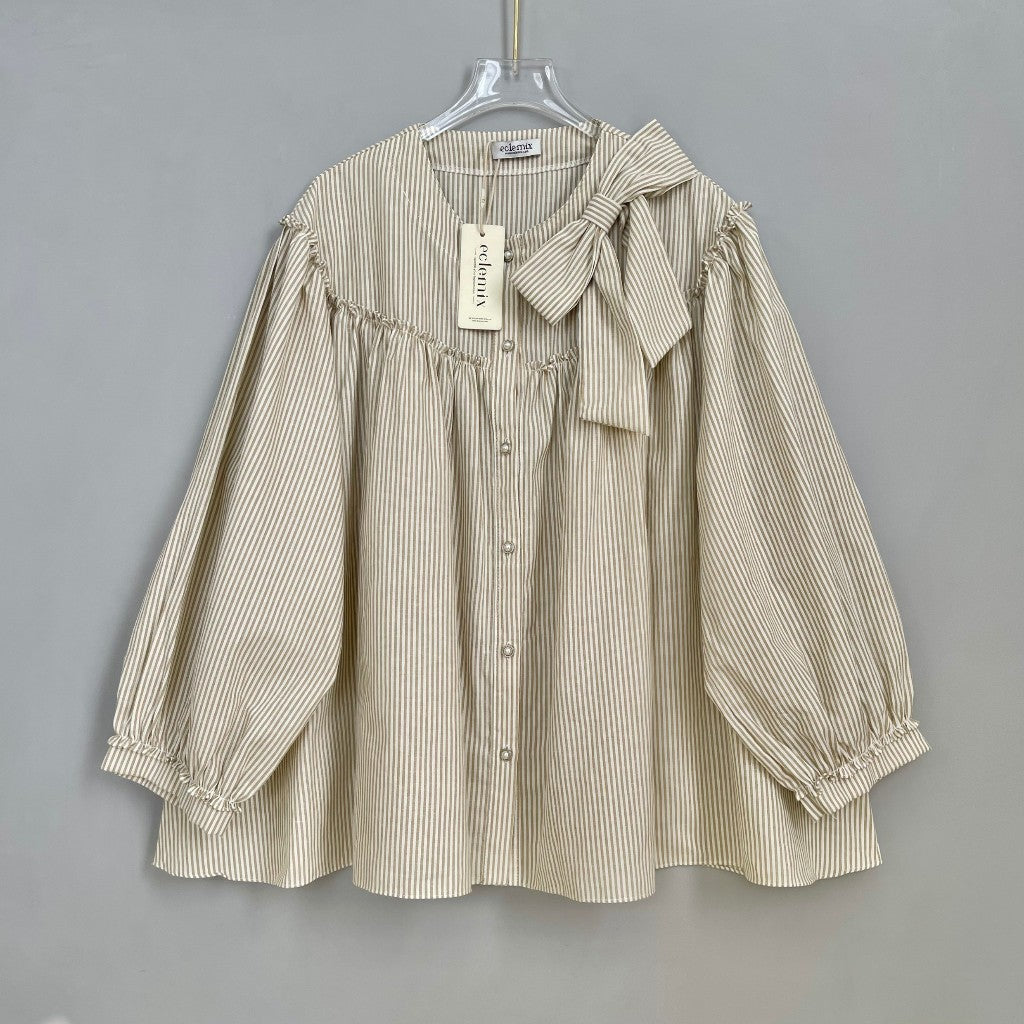 Image of Eclemix Top Tartha | Atasan Wanita Kemeja Motif Stripes Pita Bowtie