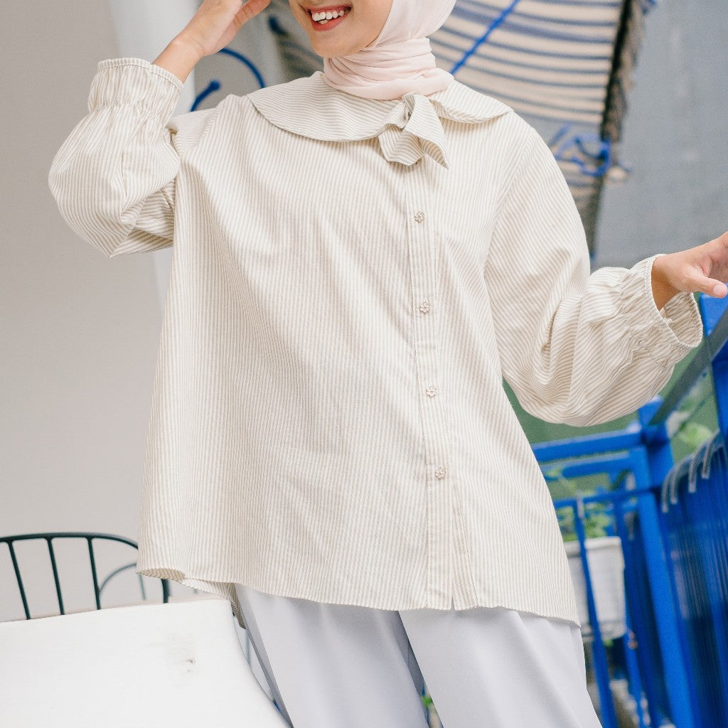 Eclemix Top Kirumi | Atasan Wanita Kemeja Motif Stripes Kerah Pita