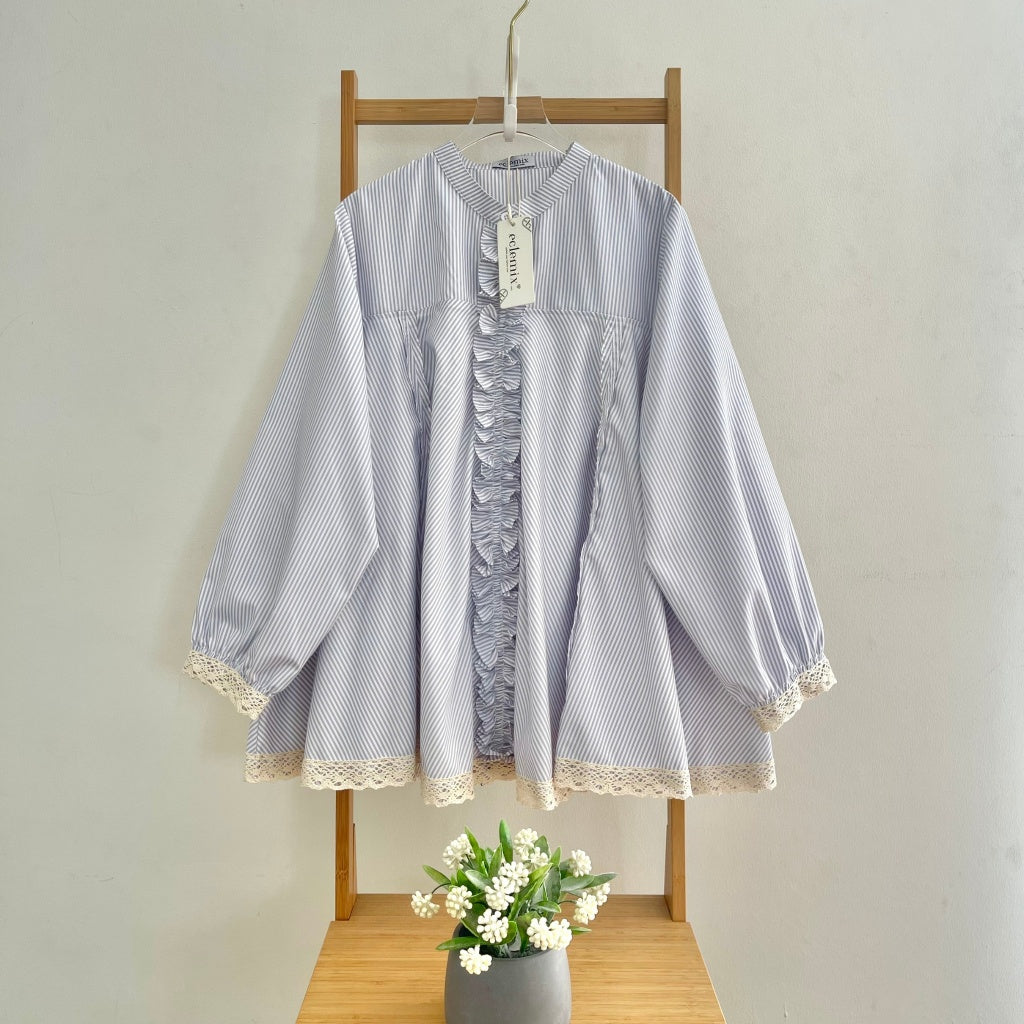 Eclemix Top Seora | Atasan Blouse Wanita Katun Ruffle Motif Stripes