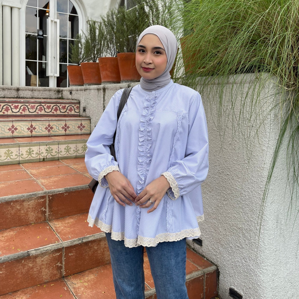 Eclemix Top Seora | Atasan Blouse Wanita Katun Ruffle Motif Stripes