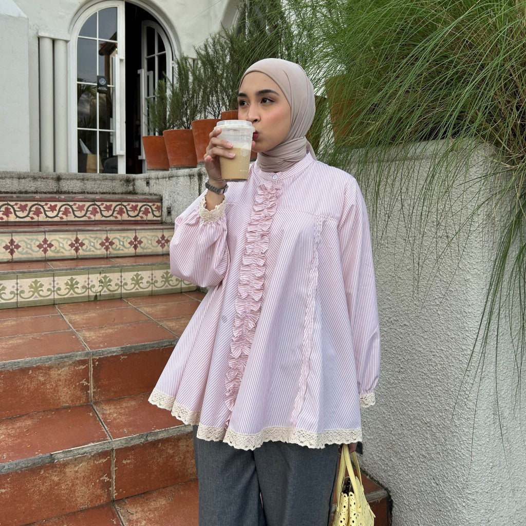Eclemix Top Seora | Atasan Blouse Wanita Katun Ruffle Motif Stripes