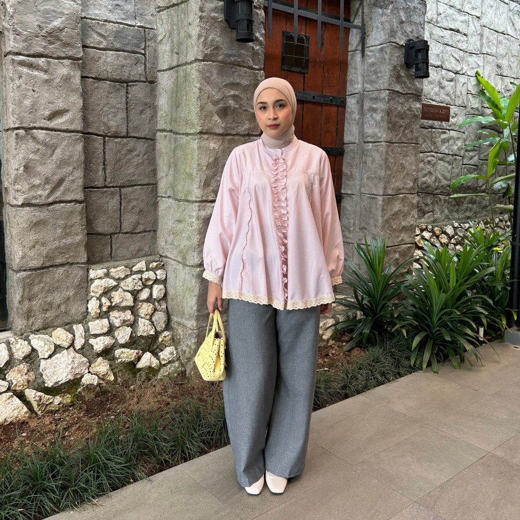 Eclemix Top Seora | Atasan Blouse Wanita Katun Ruffle Motif Stripes