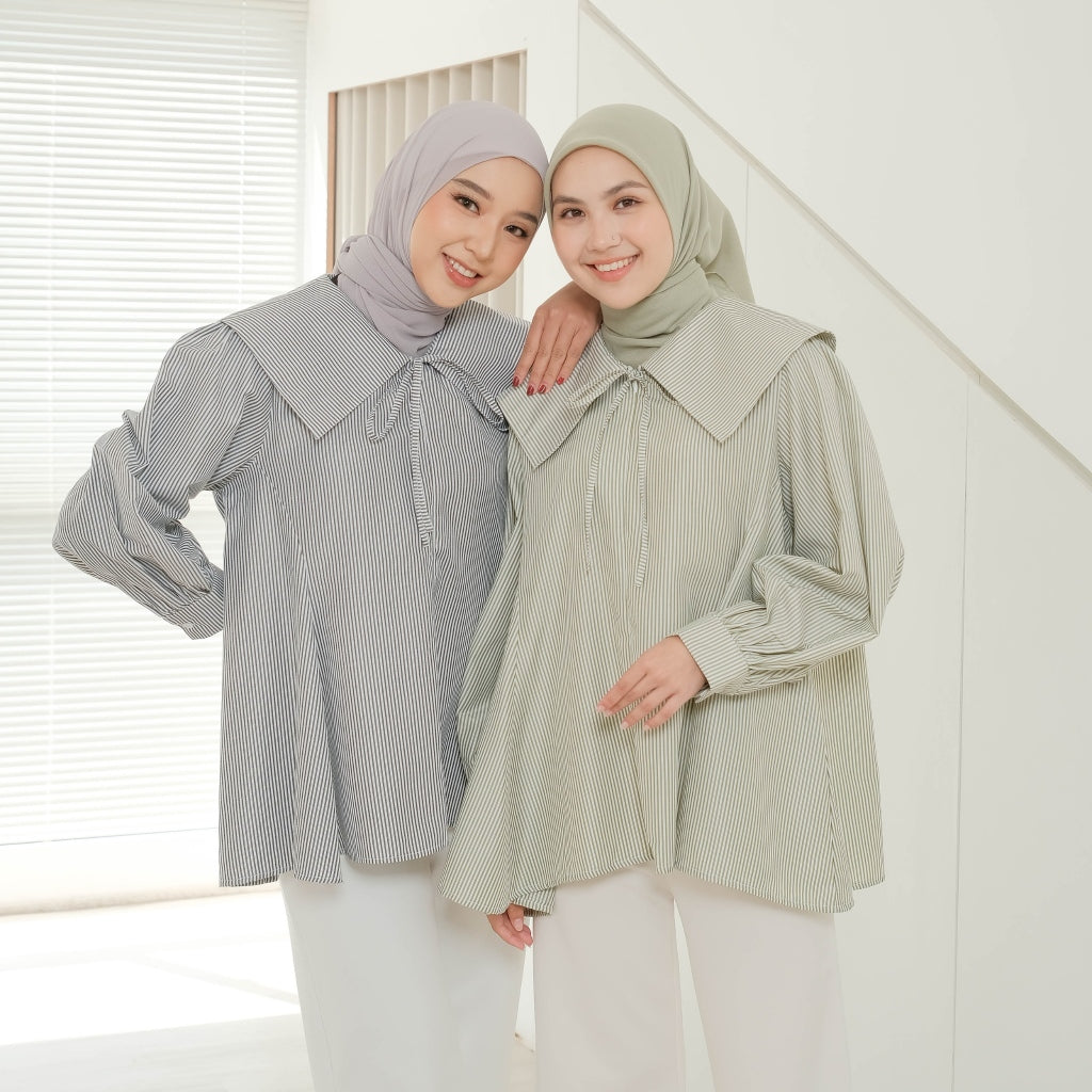Eclemix Eika Sailor Collar Puff Blouse | Atasan Blouse Wanita Katun Motif Stripes