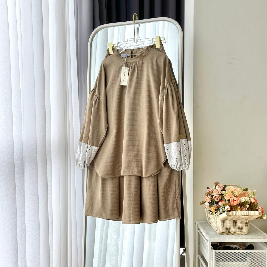Eclemix One Set Arinda | Setelan Wanita Polos | Rok Rampel Susun A-Line | Blouse Polos Mix Prada