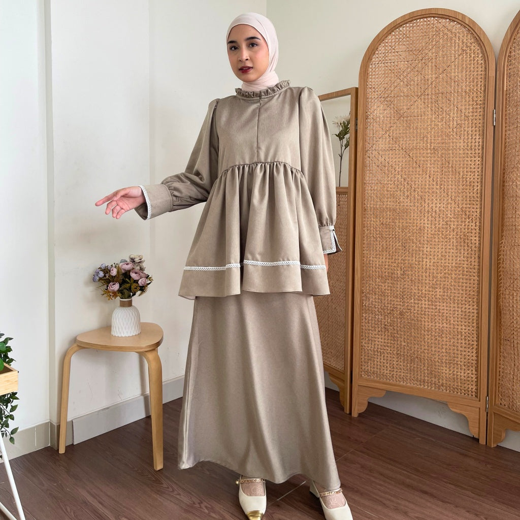 Eclemix One Set Osha | Setelan Wanita Blouse Baby Doll Resleting Depan | Rok Wanita Polos A-line