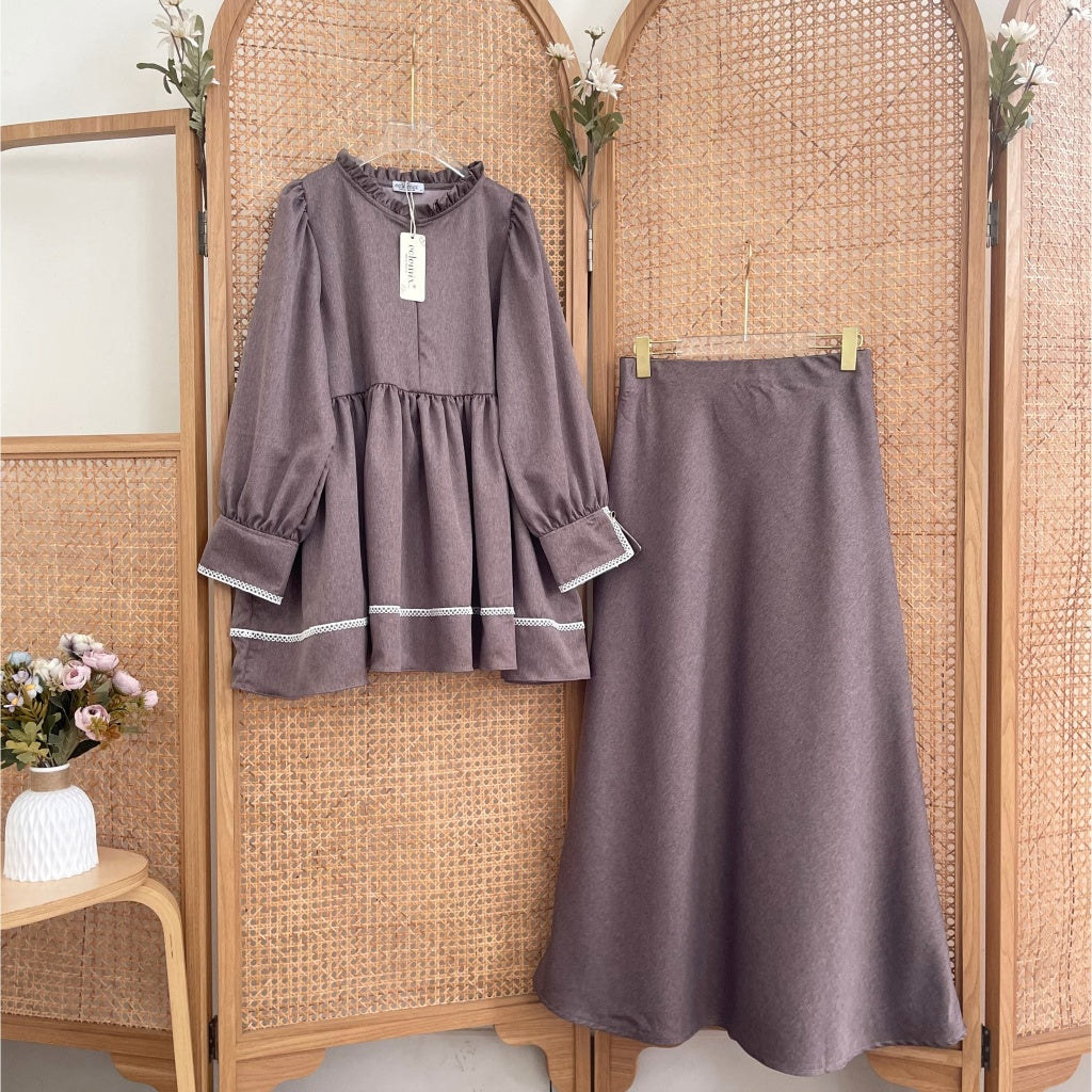 Eclemix One Set Osha | Setelan Wanita Blouse Baby Doll Resleting Depan | Rok Wanita Polos A-line