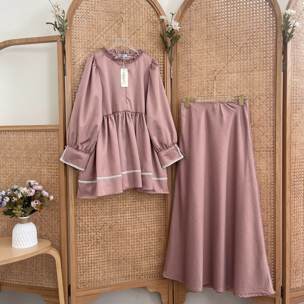 Eclemix One Set Osha | Setelan Wanita Blouse Baby Doll Resleting Depan | Rok Wanita Polos A-line